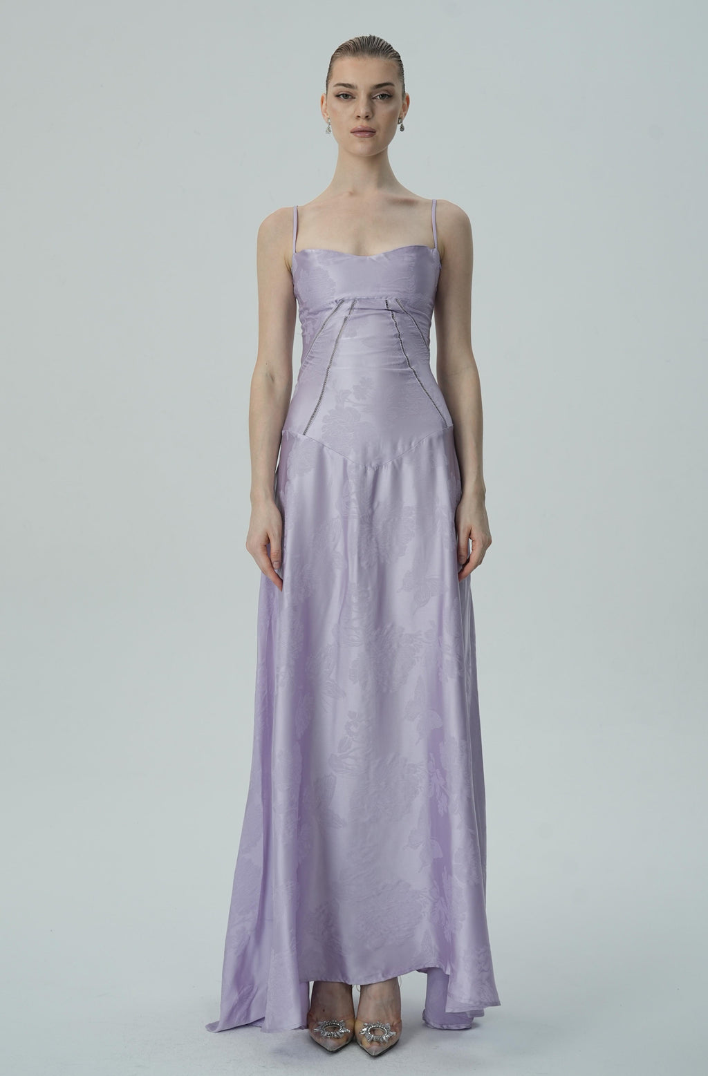 Lavanta Çiçekli Jakarlı Saten Maksi Elbise