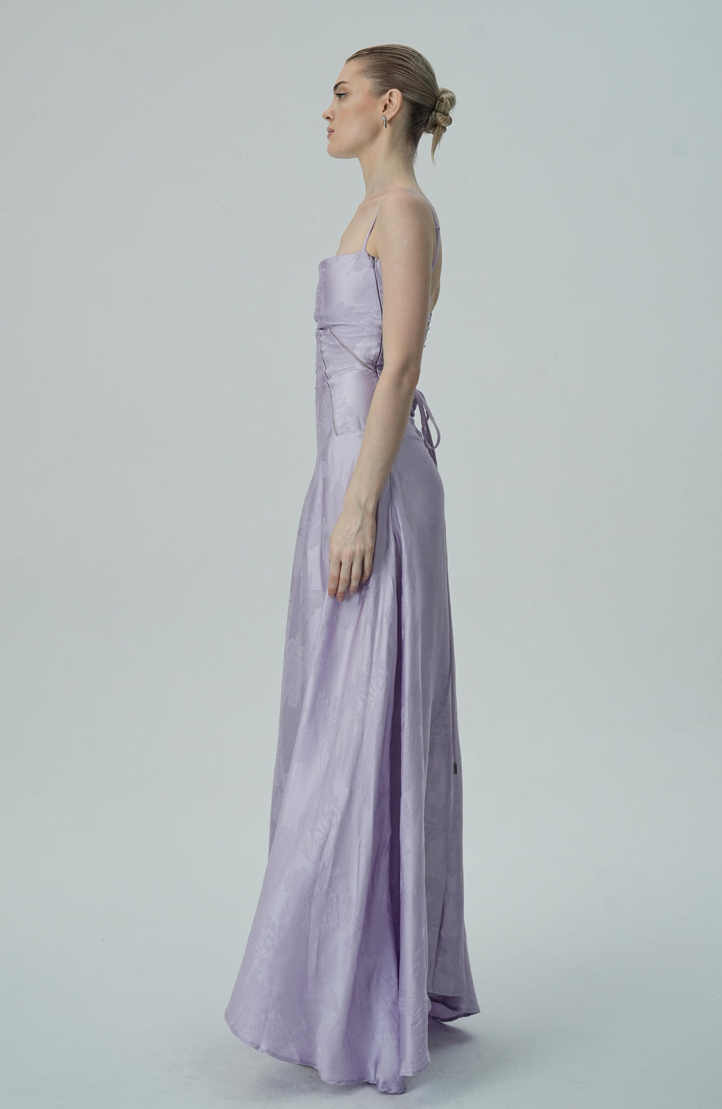 Lavanta Çiçekli Jakarlı Saten Maksi Elbise