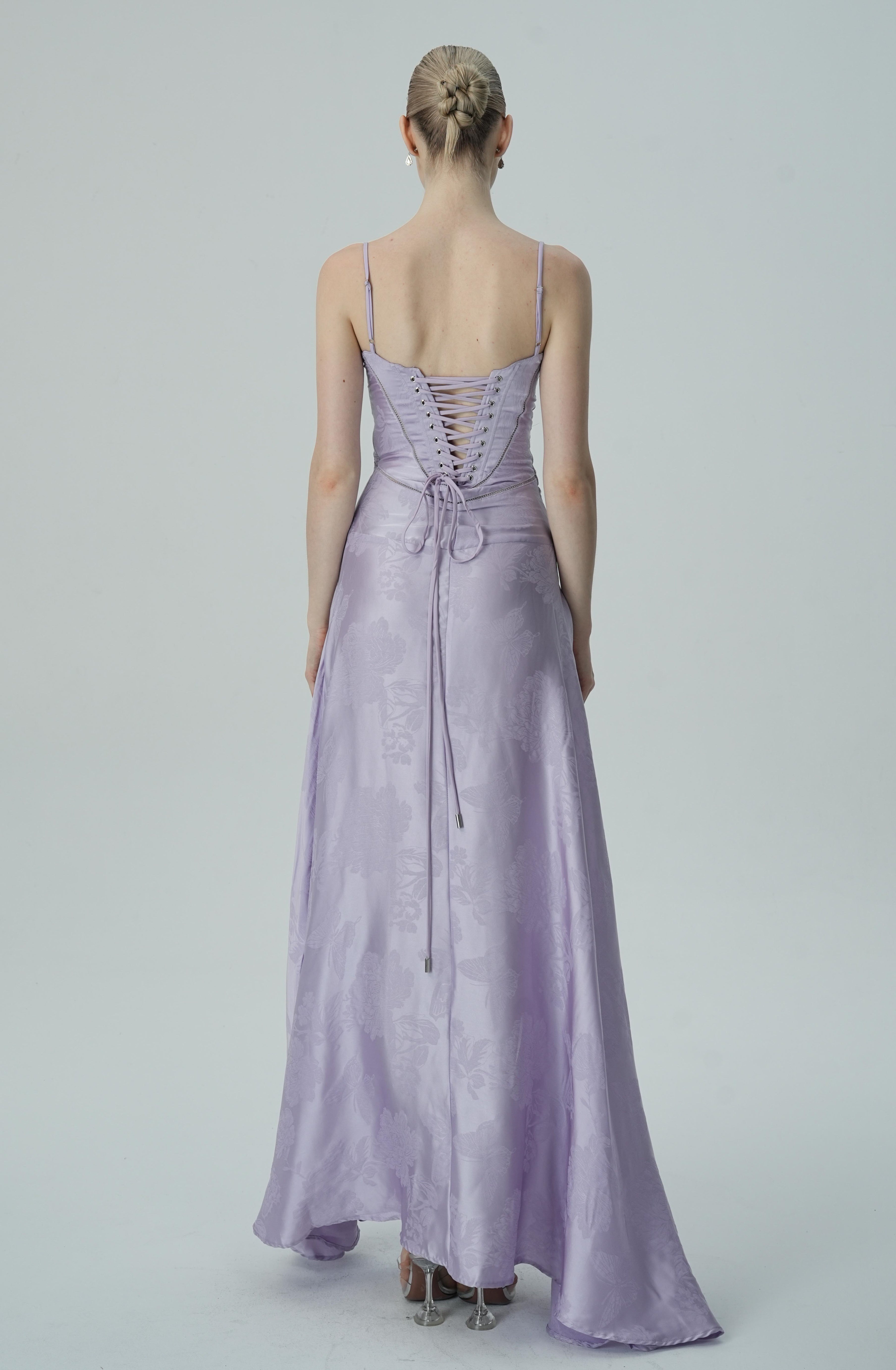 Lavanta Çiçekli Jakarlı Saten Maksi Elbise