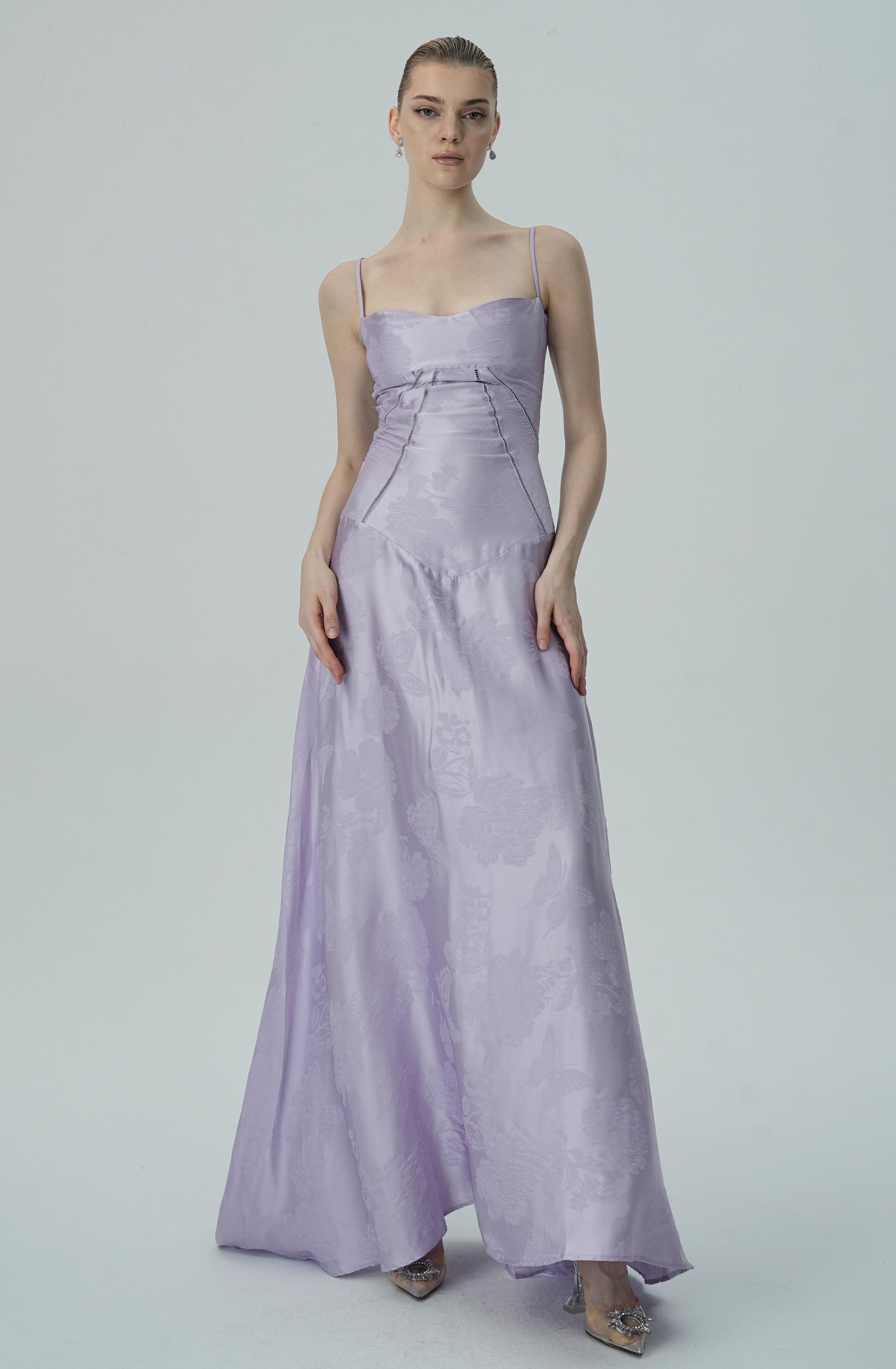 Lavanta Çiçekli Jakarlı Saten Maksi Elbise