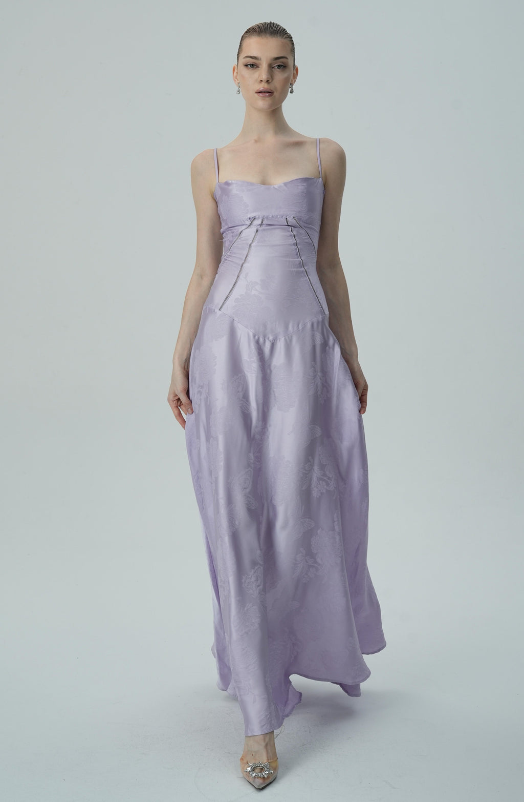 Lavanta Çiçekli Jakarlı Saten Maksi Elbise