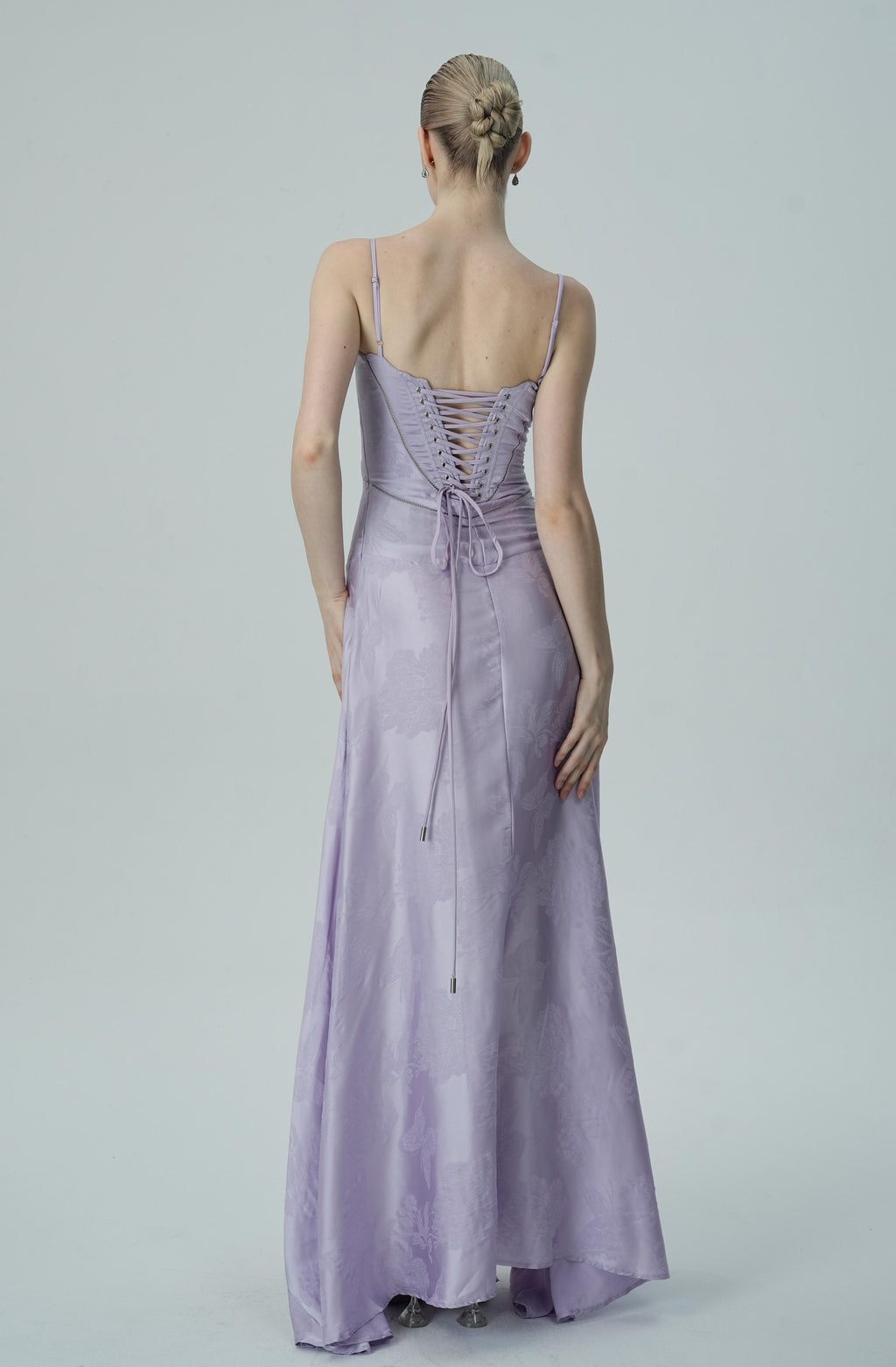 Lavanta Çiçekli Jakarlı Saten Maksi Elbise