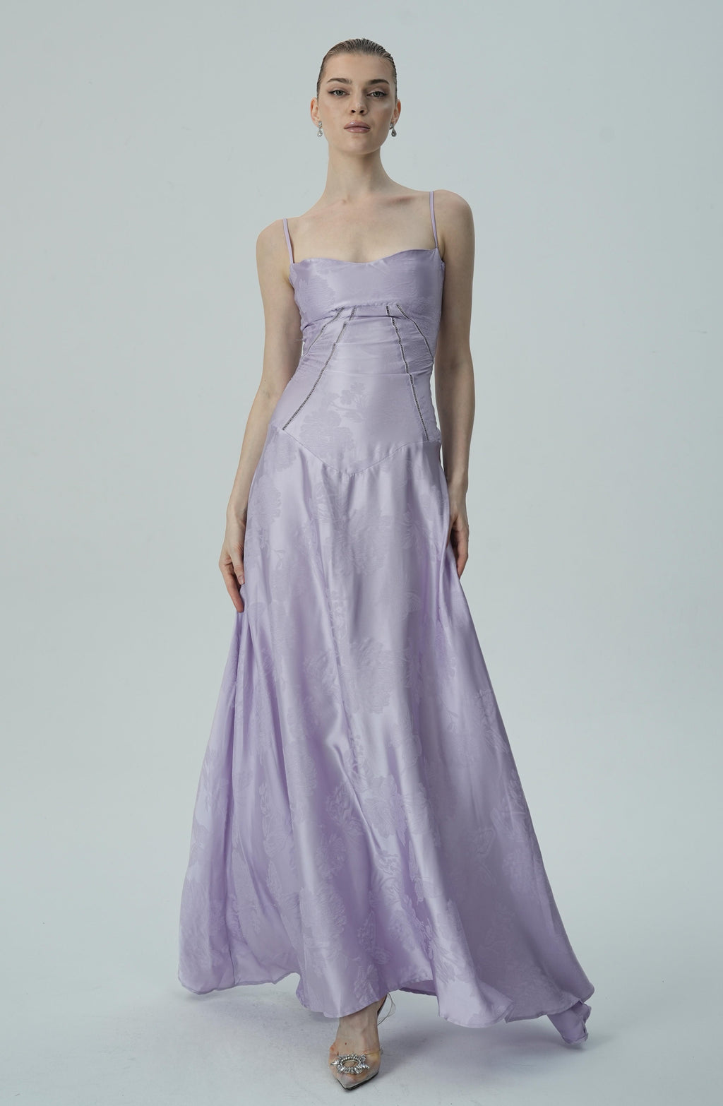 Lavanta Çiçekli Jakarlı Saten Maksi Elbise