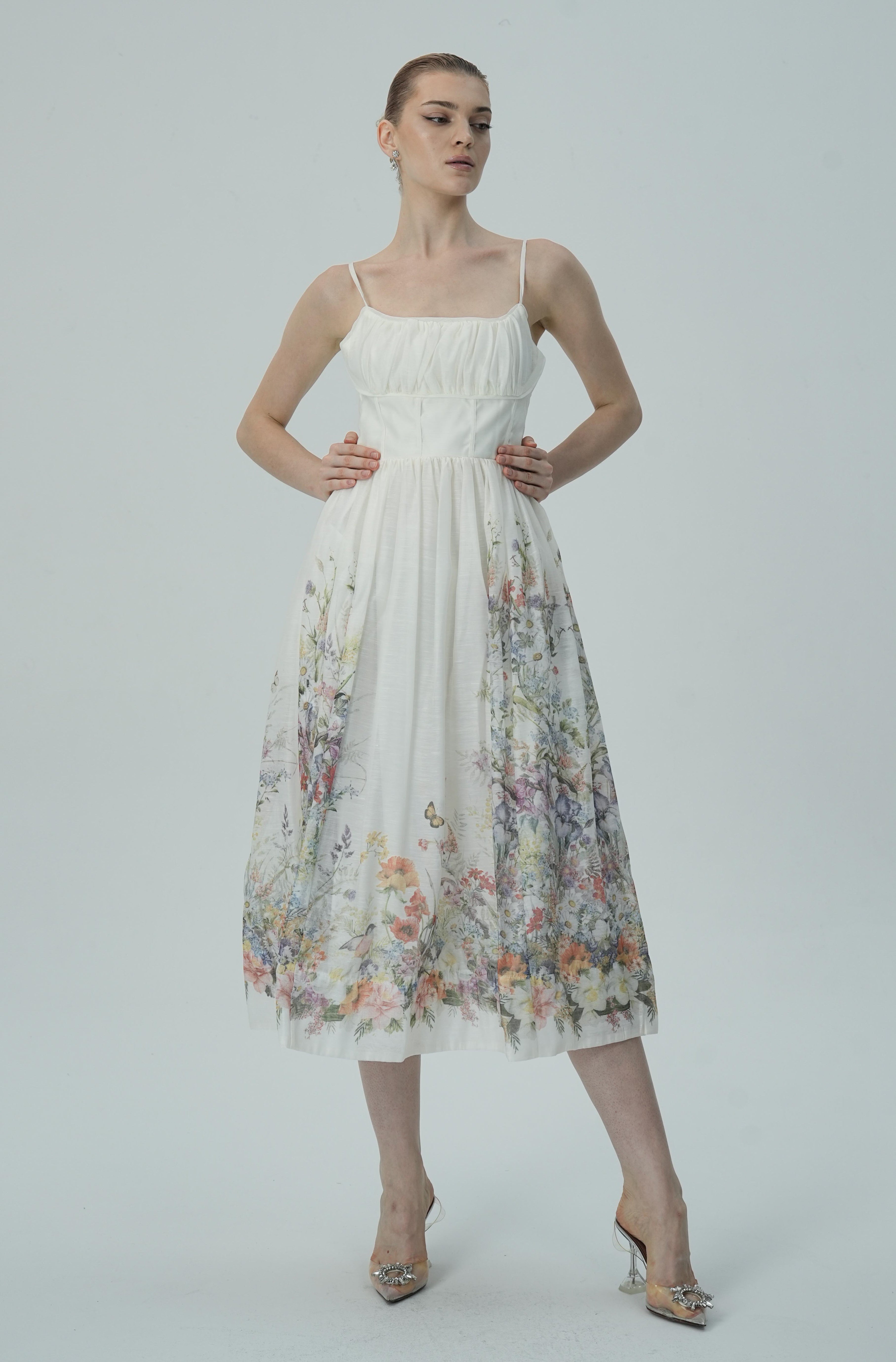 Dantelli Bedene Sahip Çiçek İşlemeli Midi Elbise