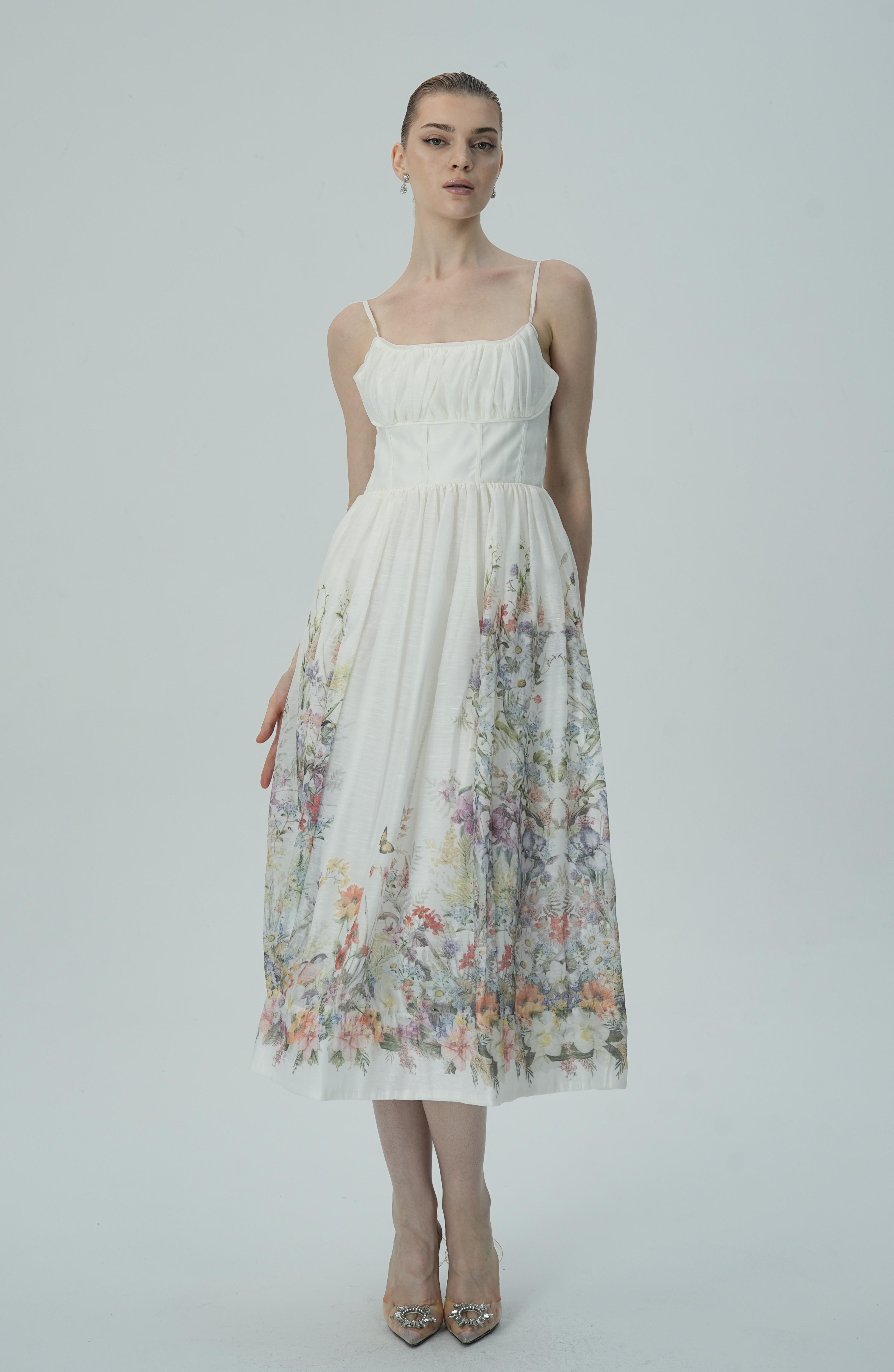 Dantelli Bedene Sahip Çiçek İşlemeli Midi Elbise