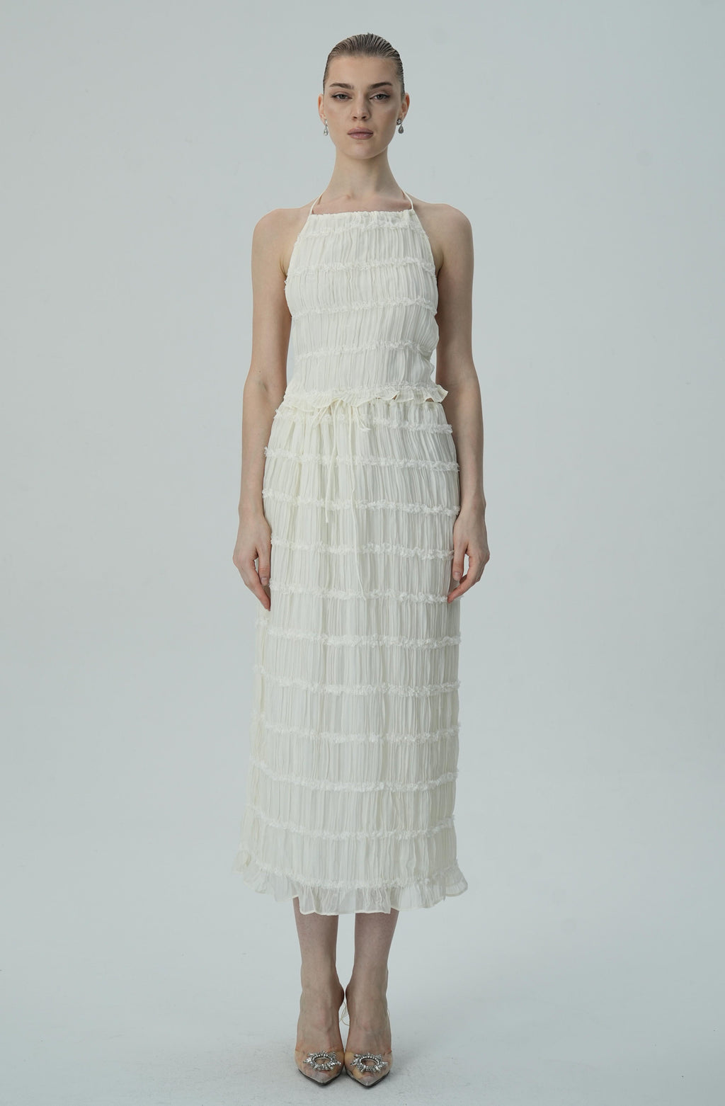 Narin Fildişi Katmanlı Halter Midi Elbise