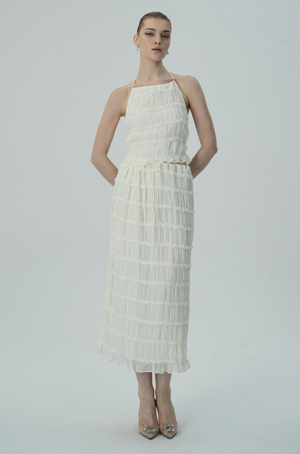 Narin Fildişi Katmanlı Halter Midi Elbise