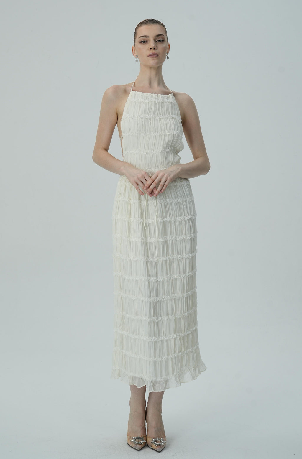 Narin Fildişi Katmanlı Halter Midi Elbise