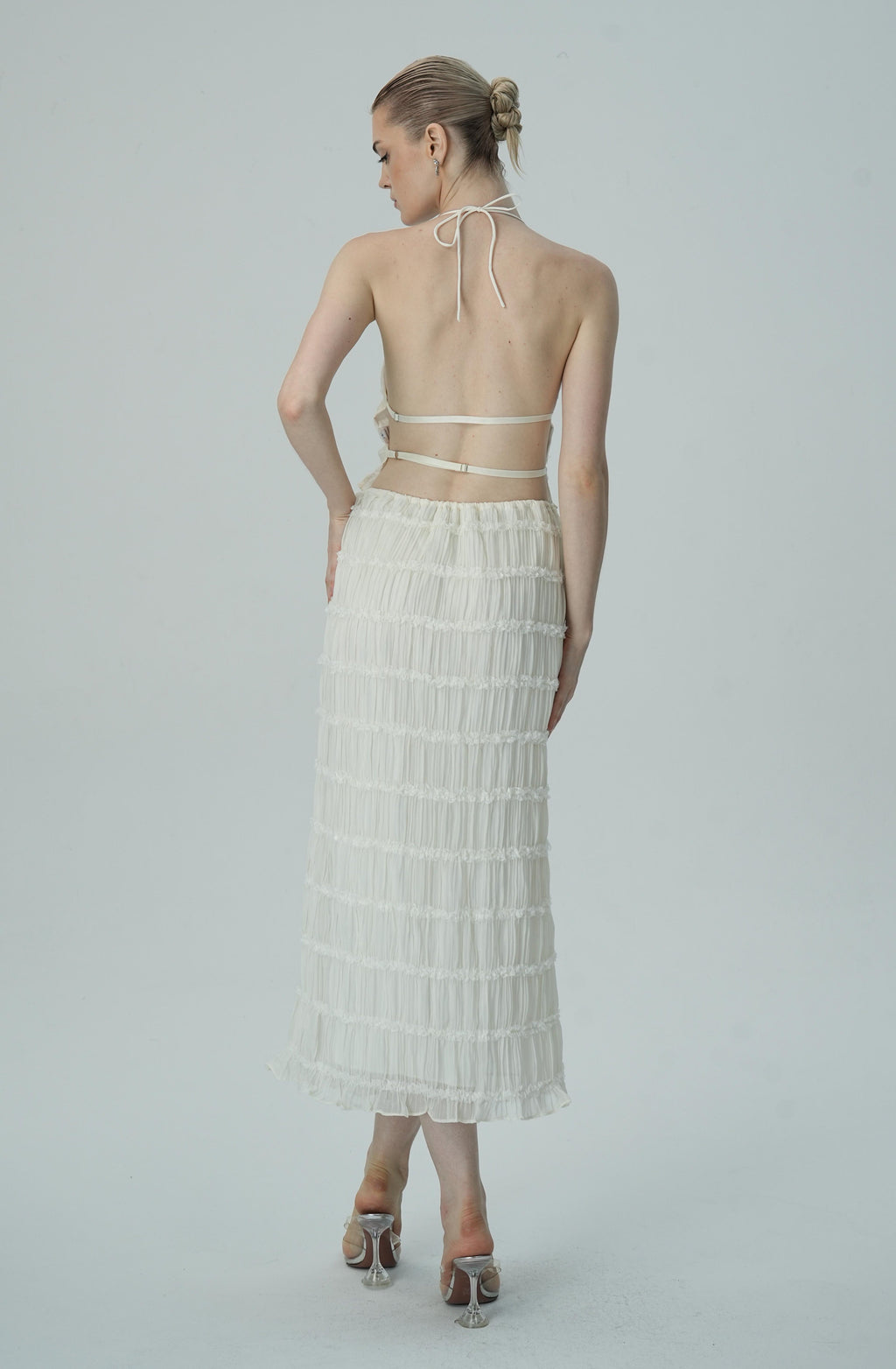 Narin Fildişi Katmanlı Halter Midi Elbise