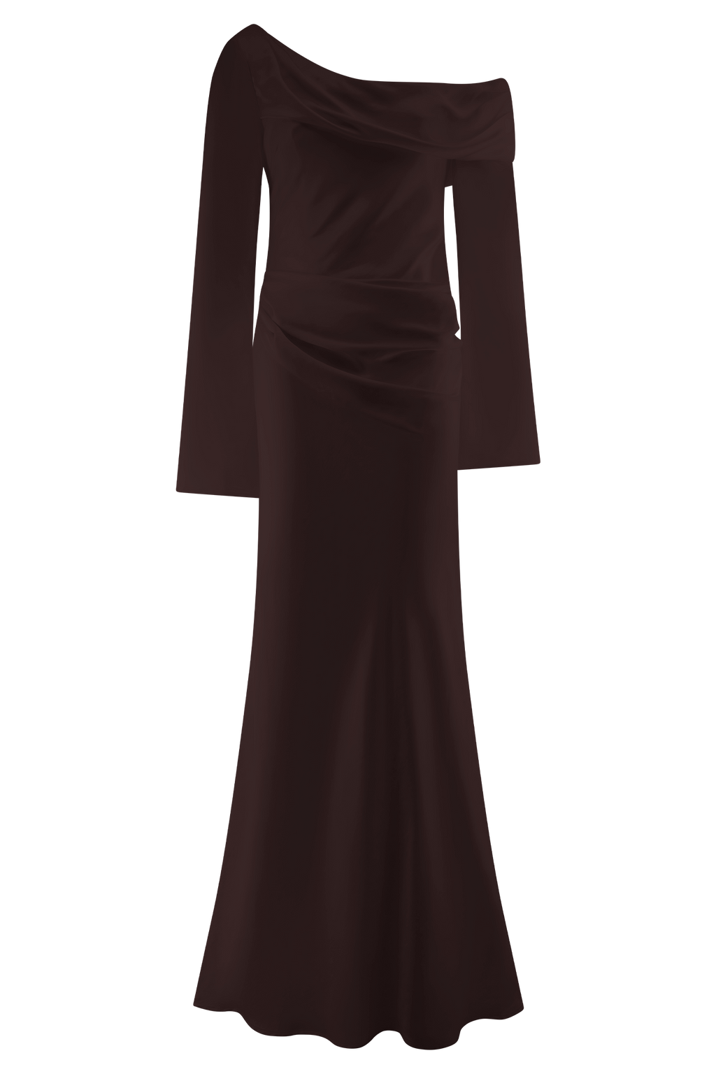 Iris Uzun Kol Saten Maxi Elbise - Bitter Çikolata