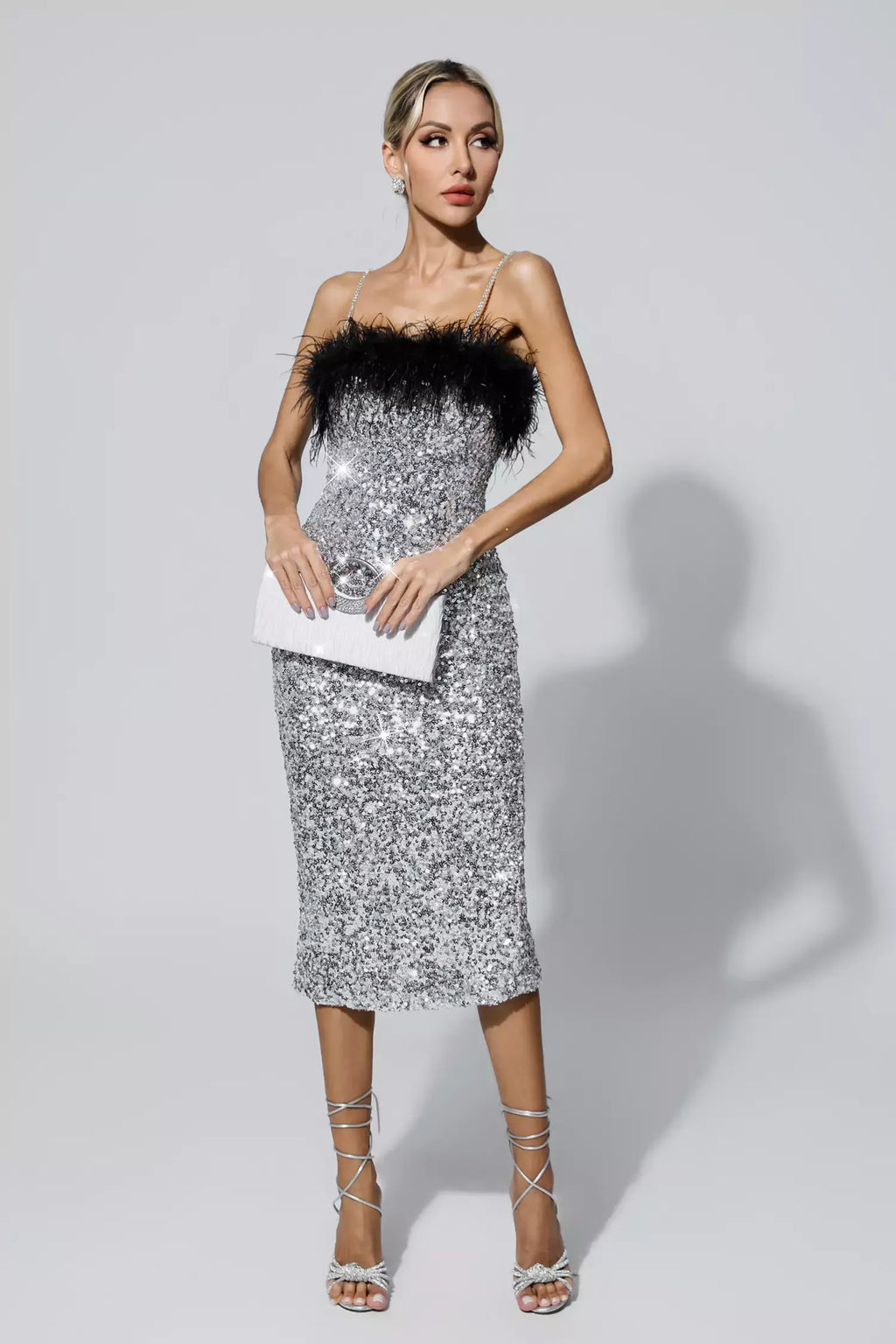 Jemma Siyah Tüylü Midi Payetli Elbise