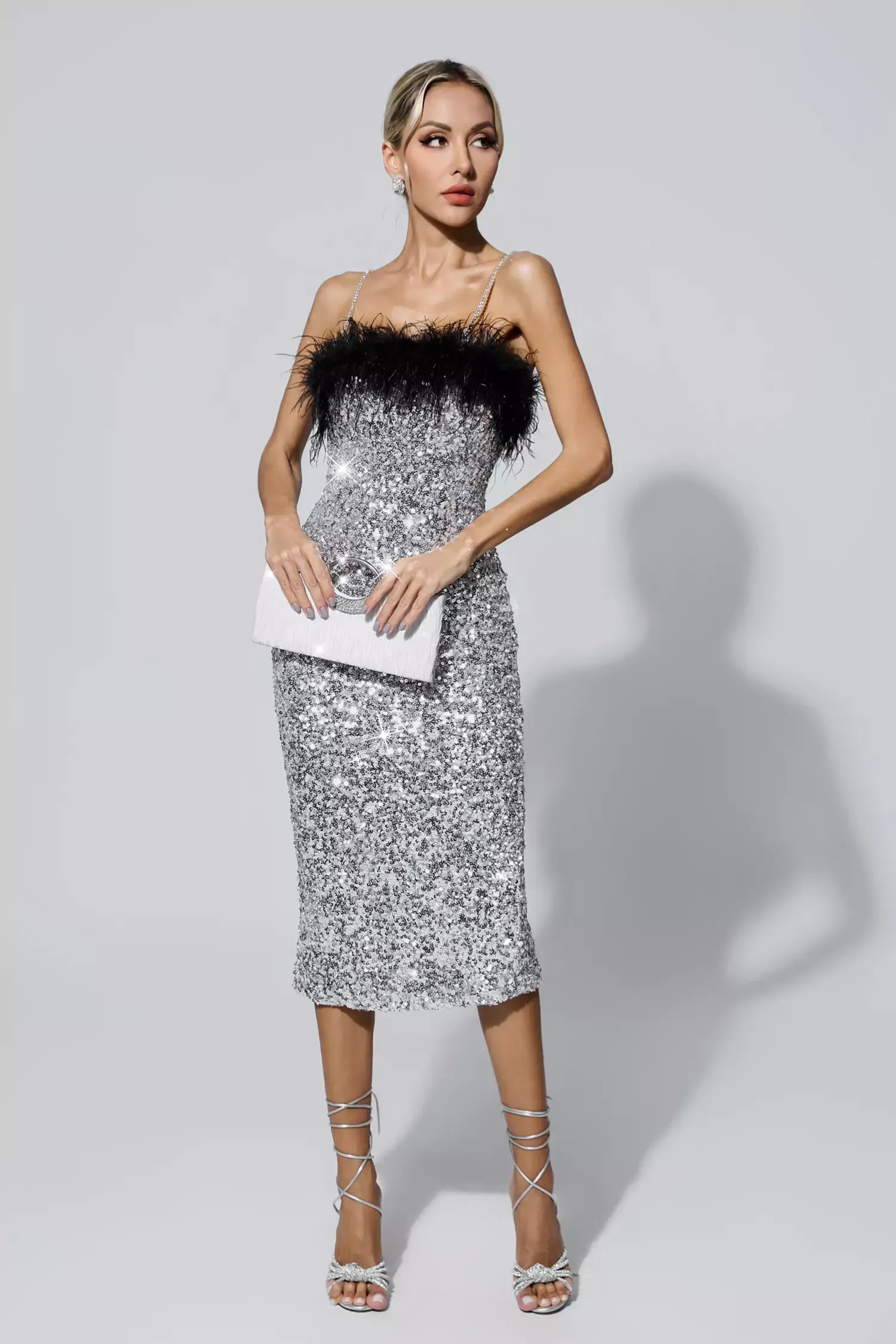 Jemma Siyah Tüylü Midi Payetli Elbise