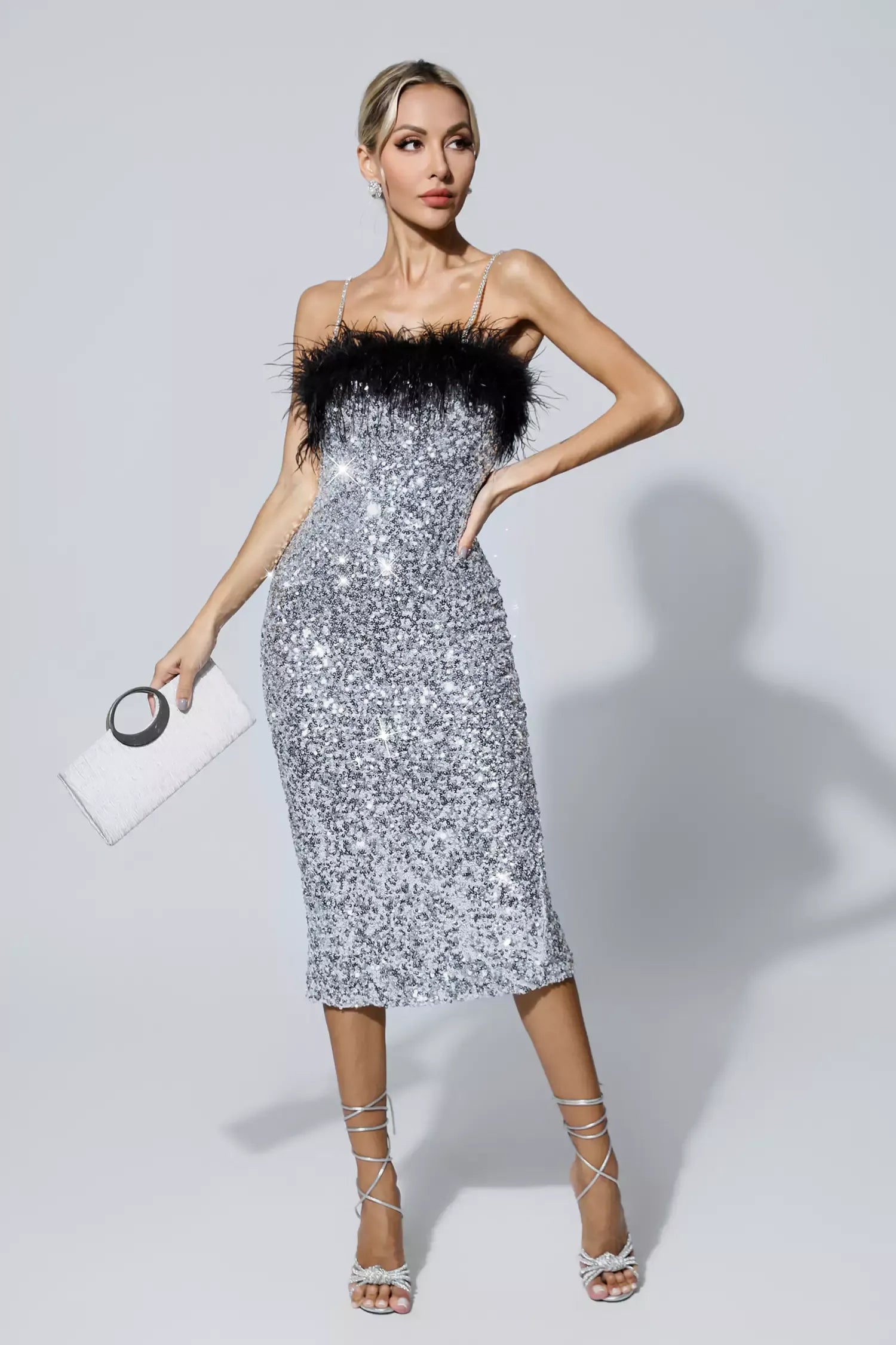 Jemma Siyah Tüylü Midi Payetli Elbise