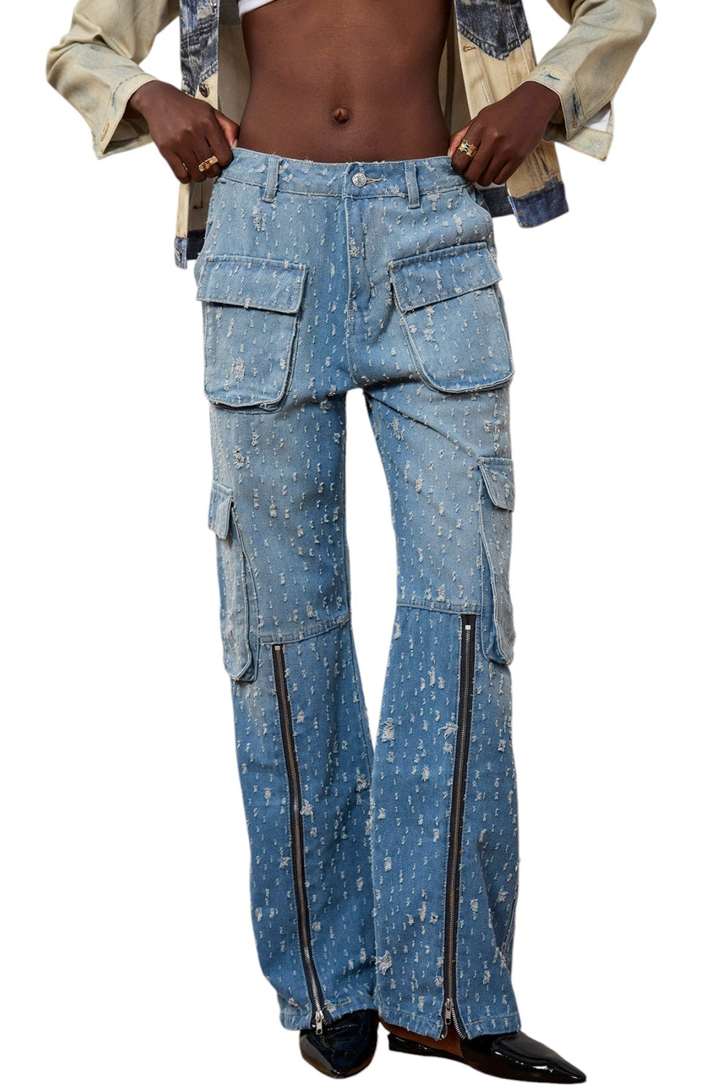 Yırtık Cepli Fermuarlı Kargo Jean