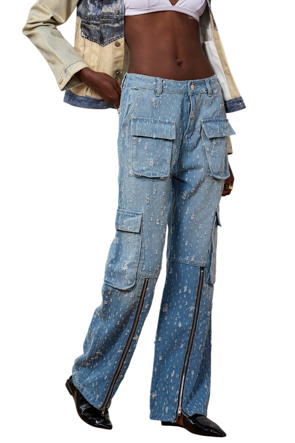 Yırtık Cepli Fermuarlı Kargo Jean