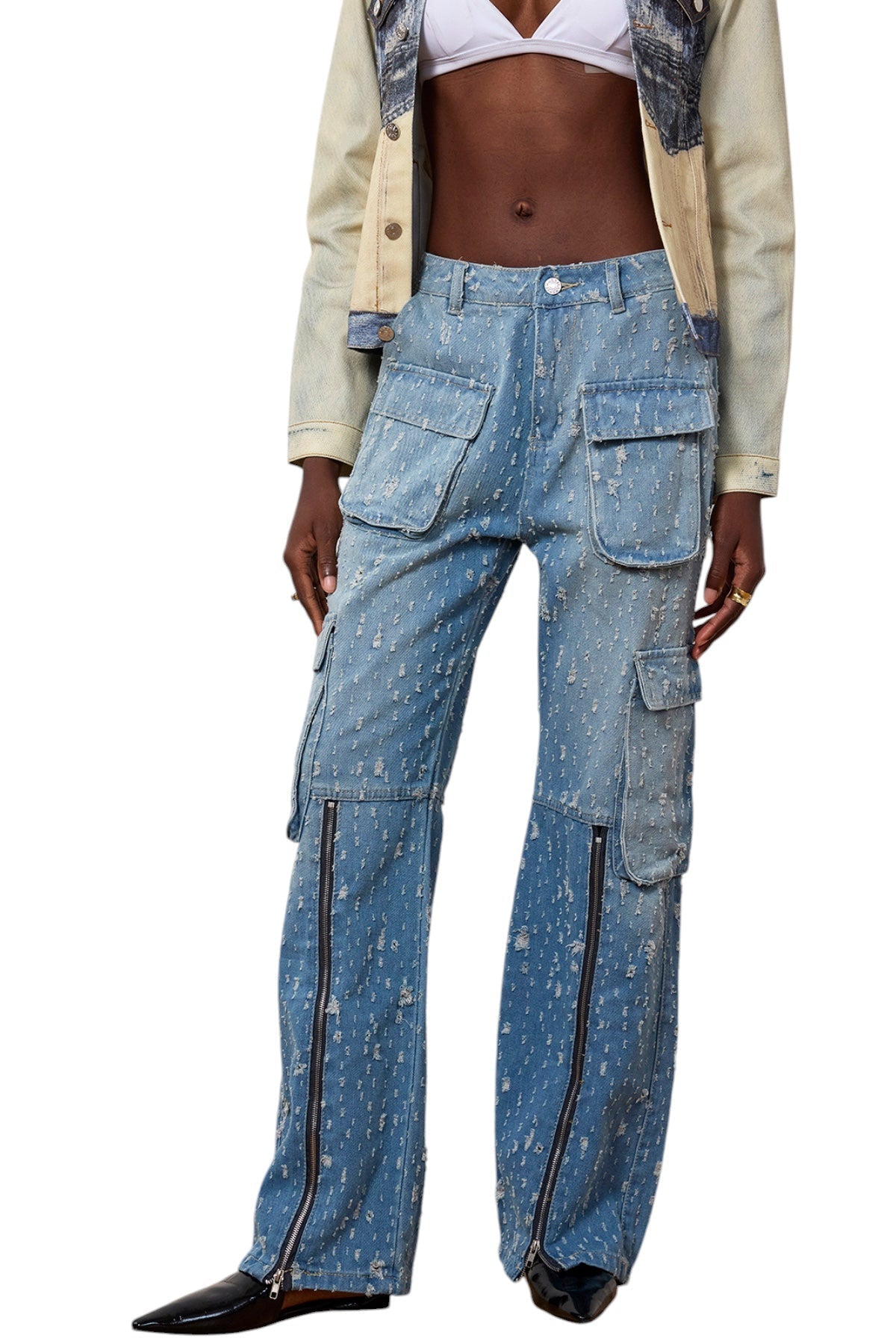 Yırtık Cepli Fermuarlı Kargo Jean