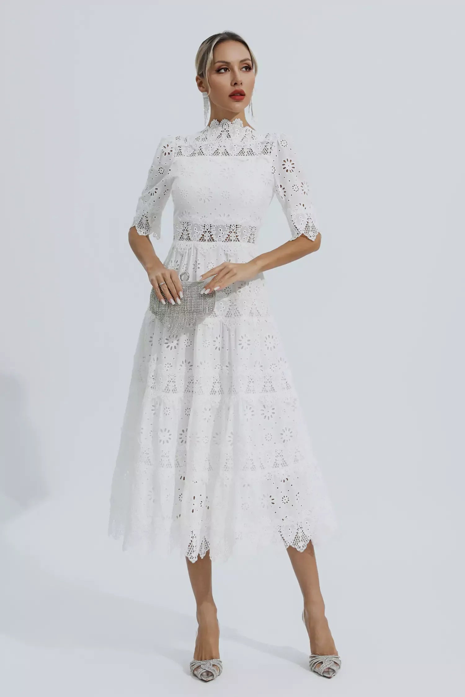 Kenna Beyaz Hollow Yarım Kollu Midi Elbise