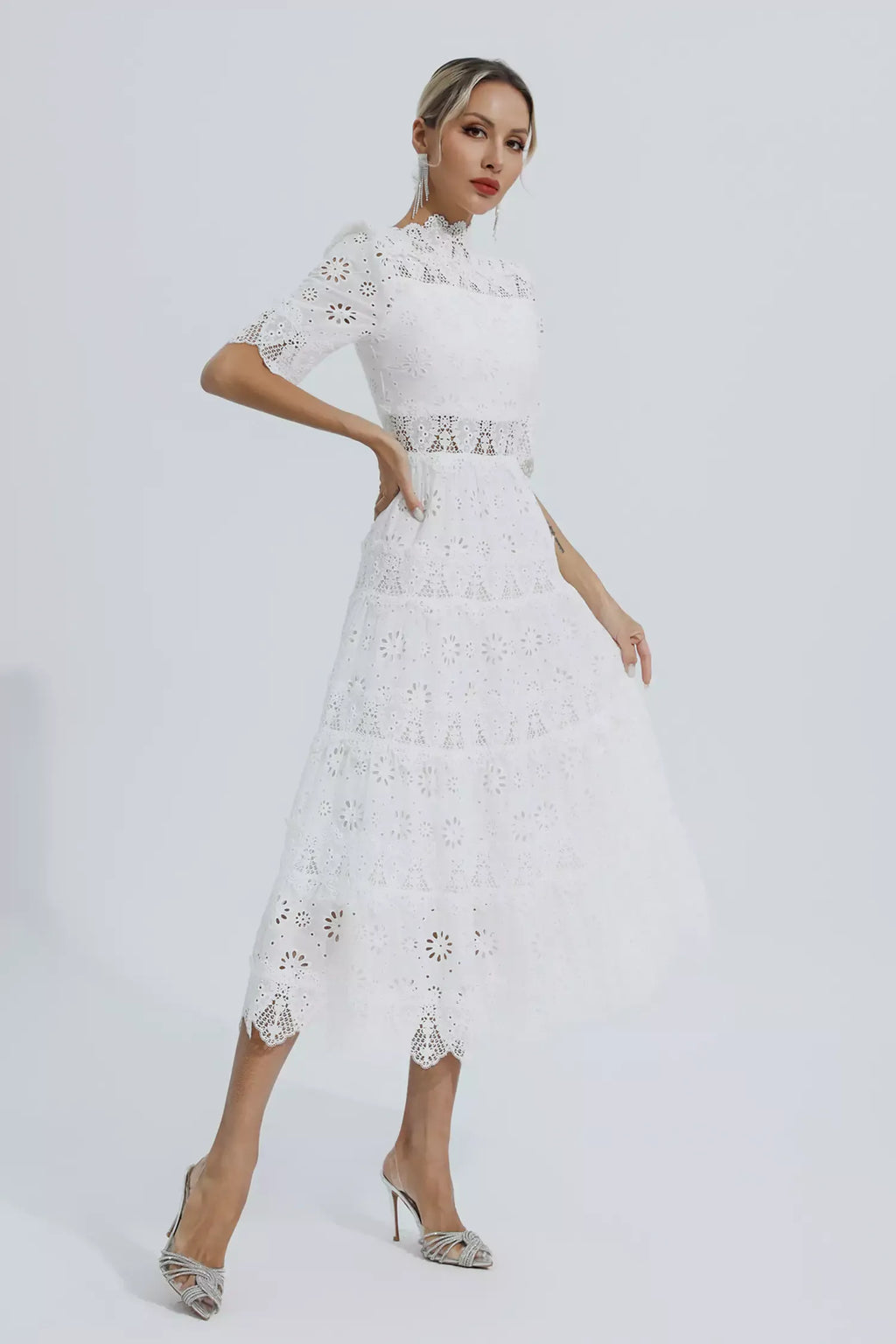 Kenna Beyaz İçi Boş Yarım Kol Midi Elbise