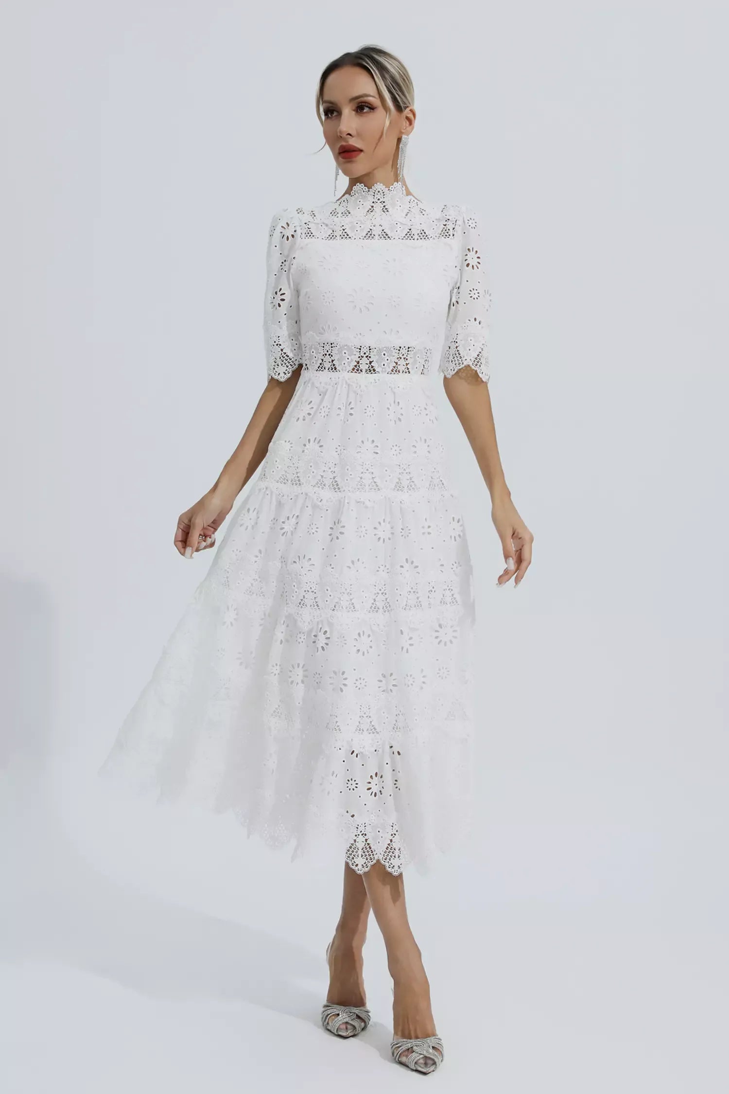 Kenna Beyaz Hollow Yarım Kollu Midi Elbise