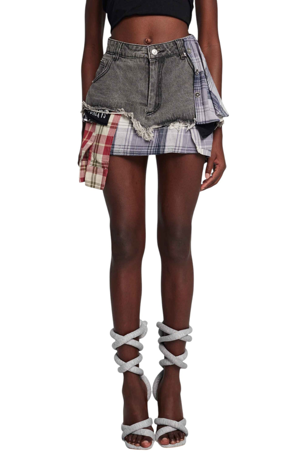 Kare Desenli Patchwork Mini Etek