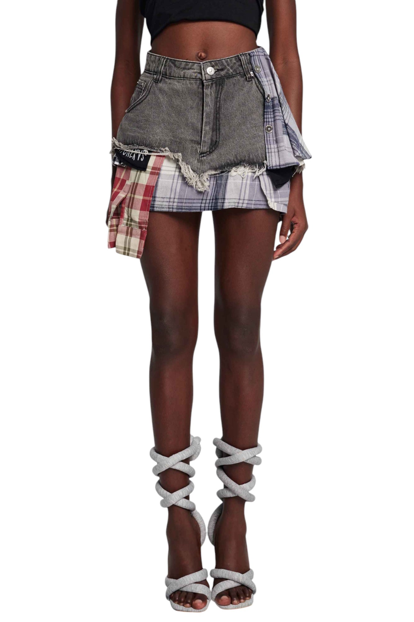 Kare Desenli Patchwork Mini Etek