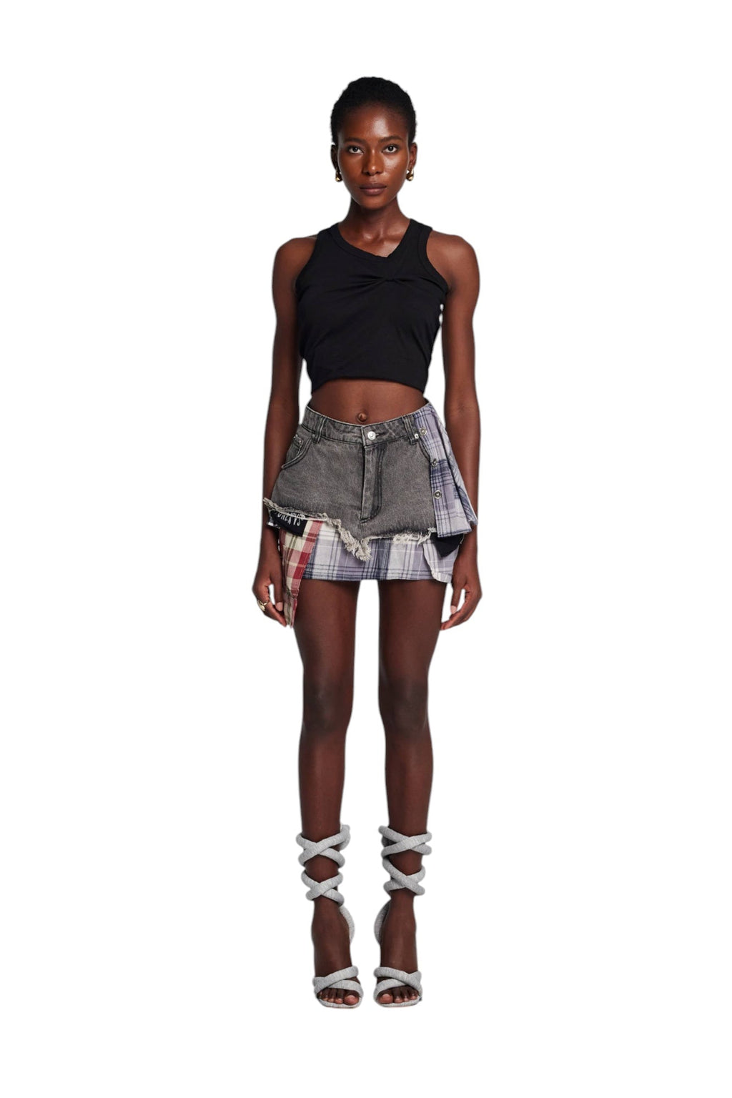 Kare Desenli Patchwork Mini Etek