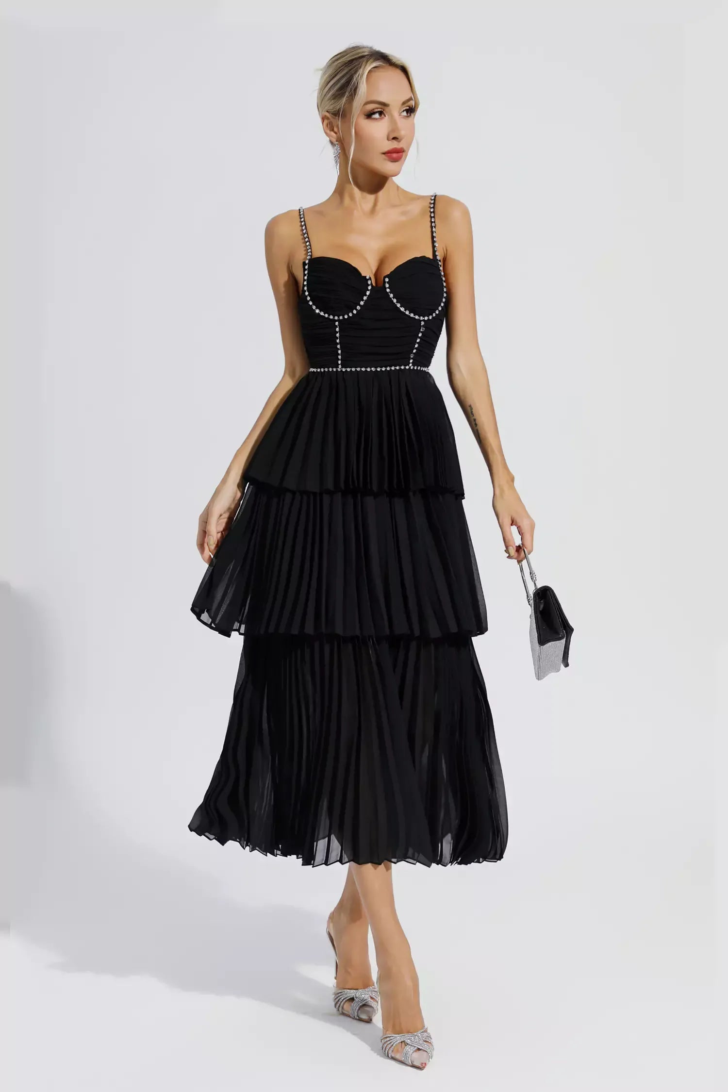 Meredith Siyah Pırlanta Dantelli Uzun Elbise