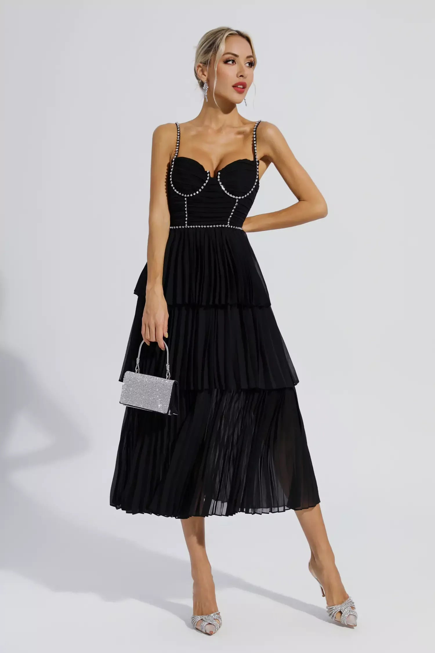 Meredith Siyah Pırlanta Dantelli Uzun Elbise