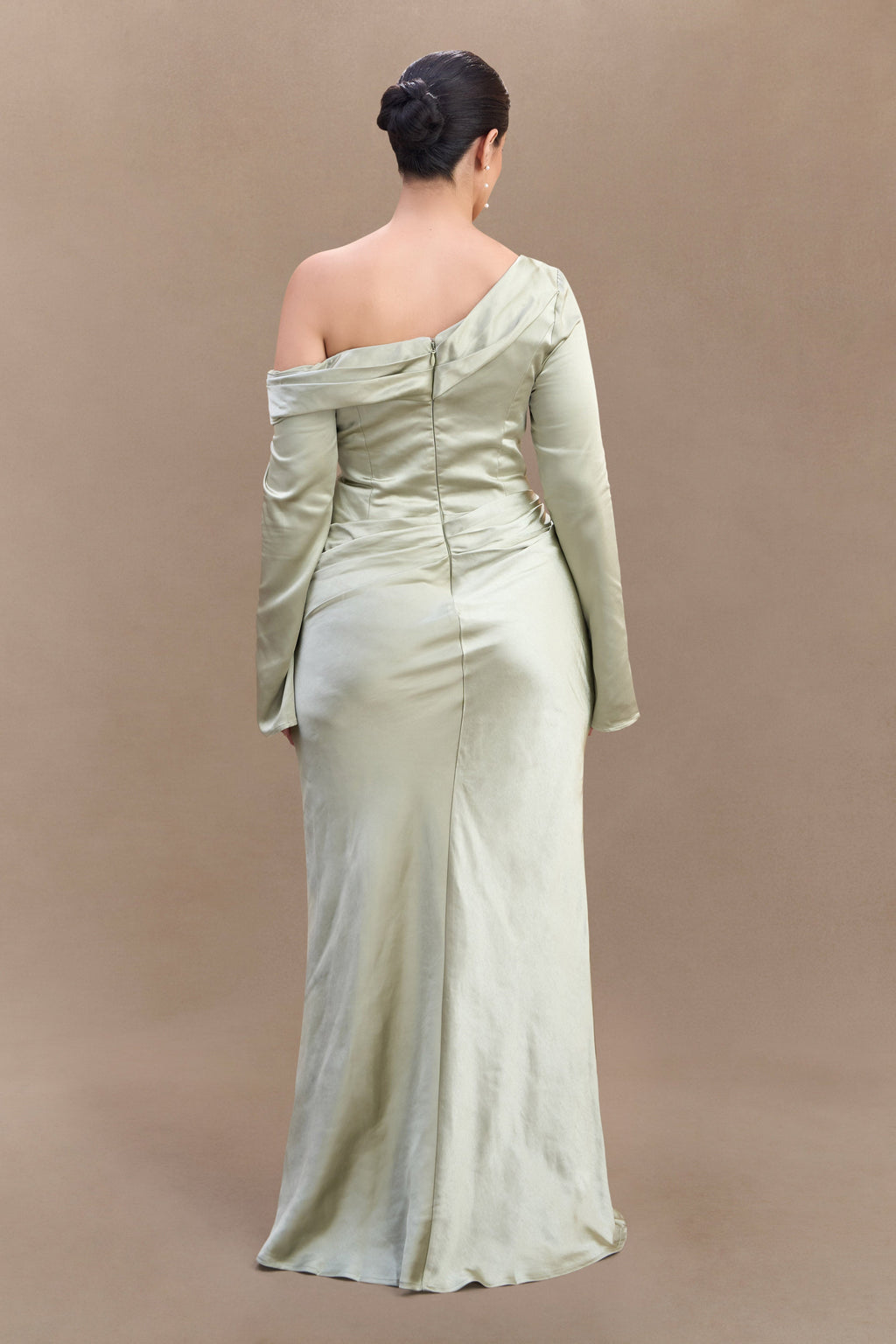 Iris Uzun Kol Saten Maxi Elbise - Adaçayı