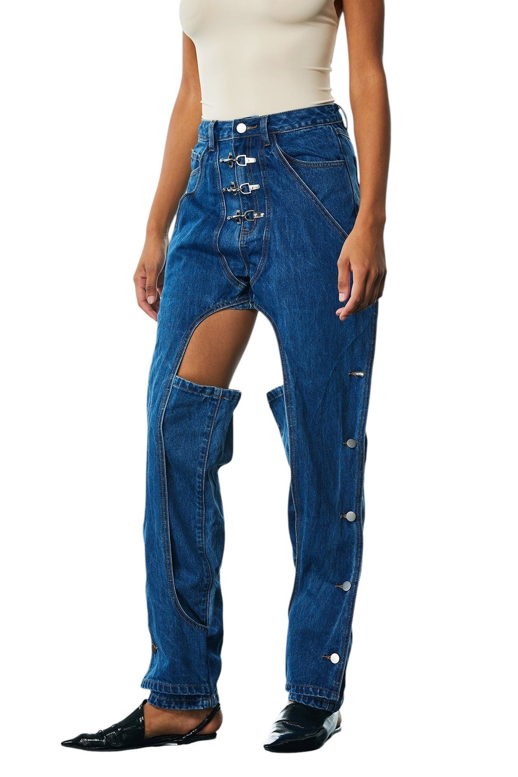 Kesik Detaylı Parçalı Düğmeli Jean