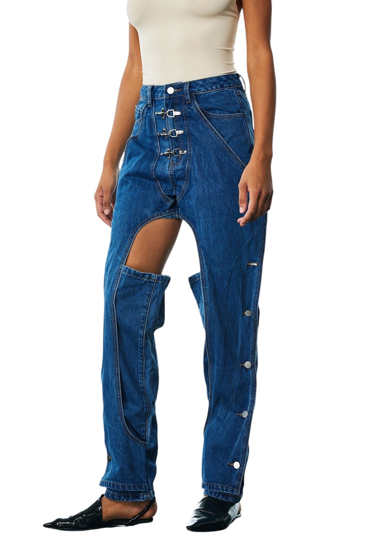 Kesik Detaylı Parçalı Düğmeli Jean
