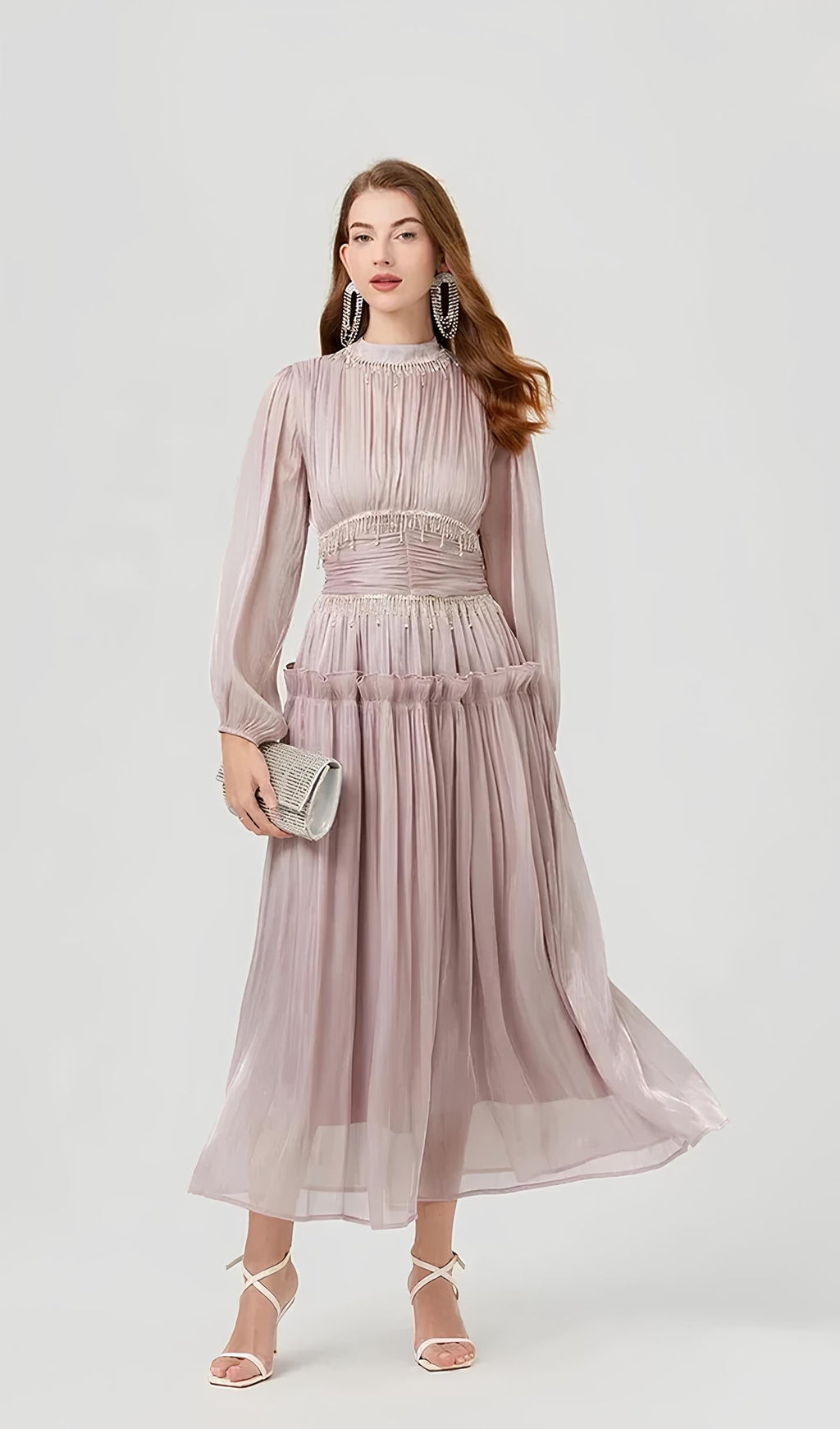 Diamanté Zincirli Pileli Midi Elbise