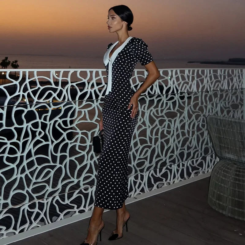 Puantiyeli Kruvaze Yaka Elbise