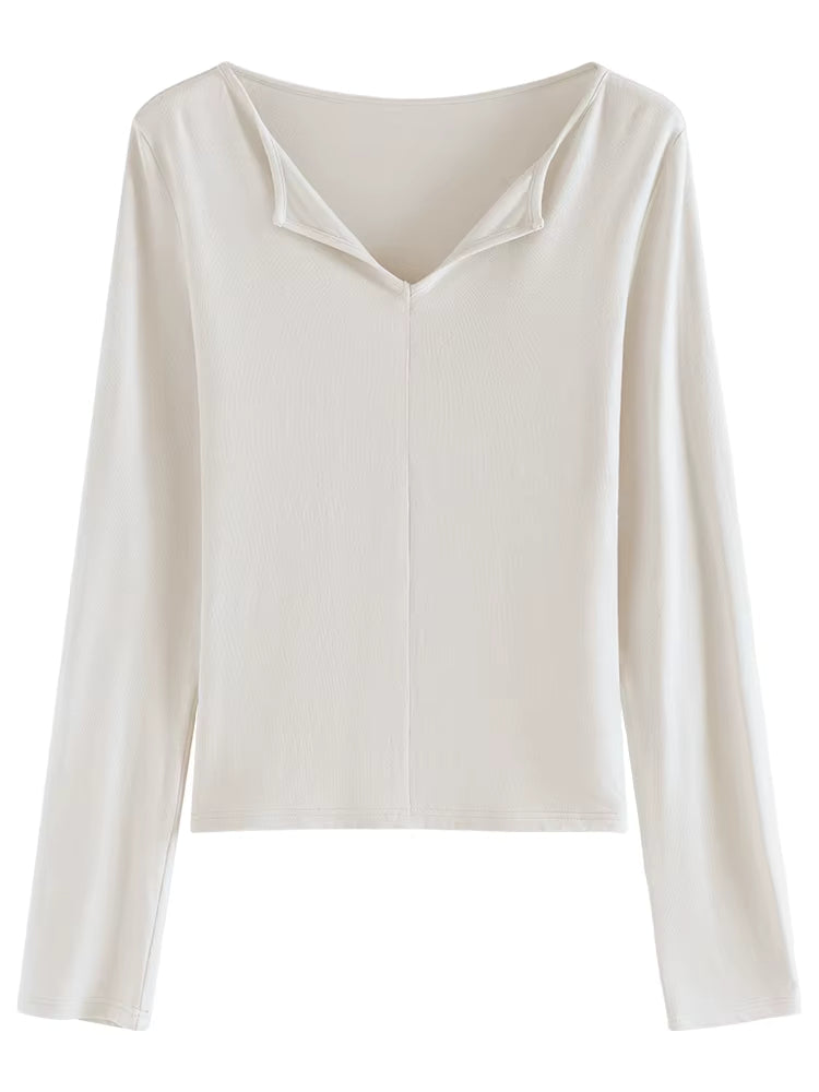 Kadın V Yaka Uzun Kollu Slim Fit Pamuk Kazak