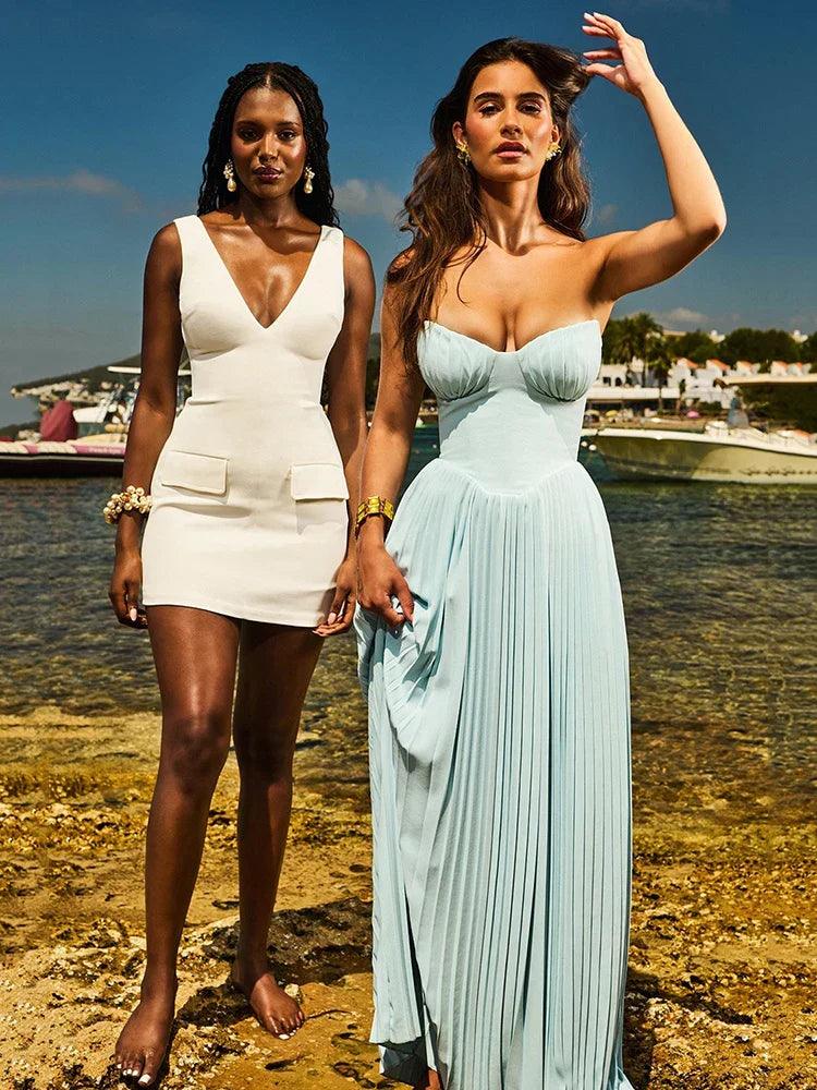 Lina Açık Mavi Straplez Piliseli Maxi Elbise