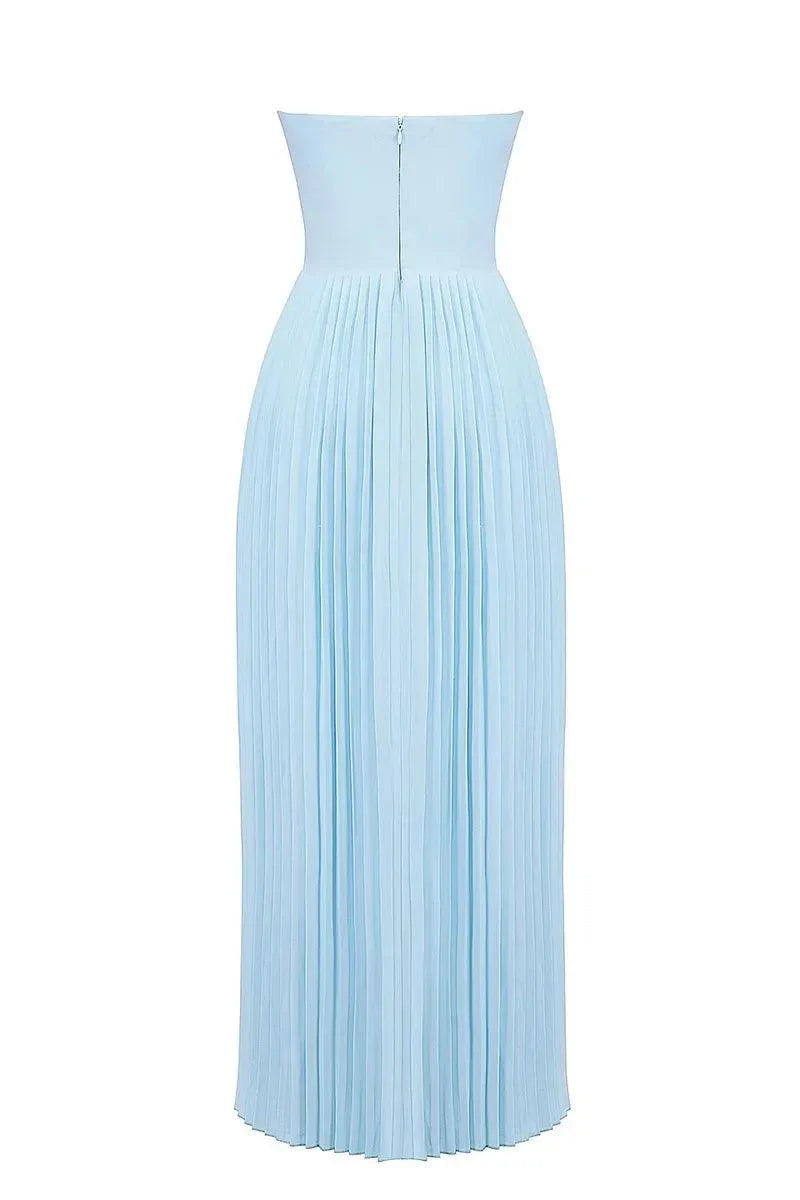 Lina Açık Mavi Straplez Piliseli Maxi Elbise