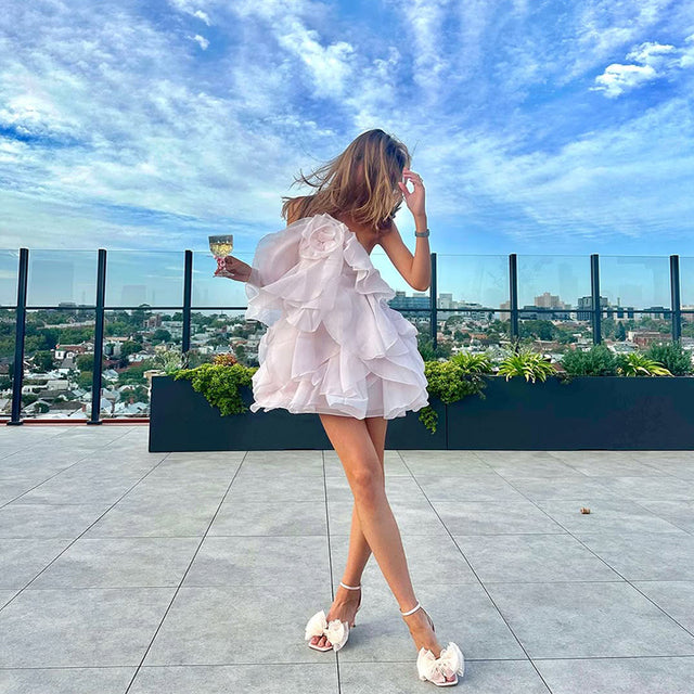 Sara Çiçekli Volanlı Şifon Mini Elbise