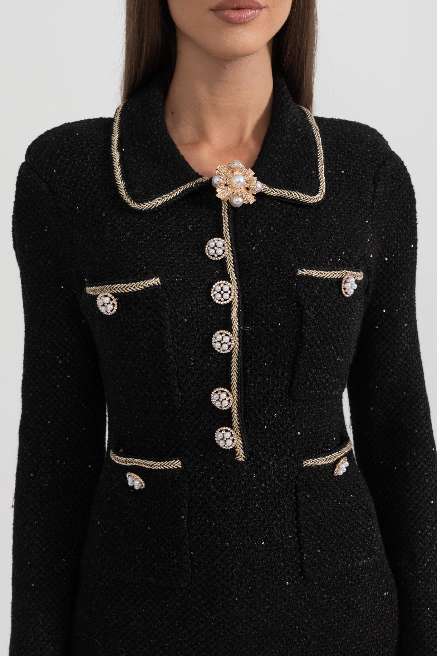 Dokulu Triko Elbise - Siyah