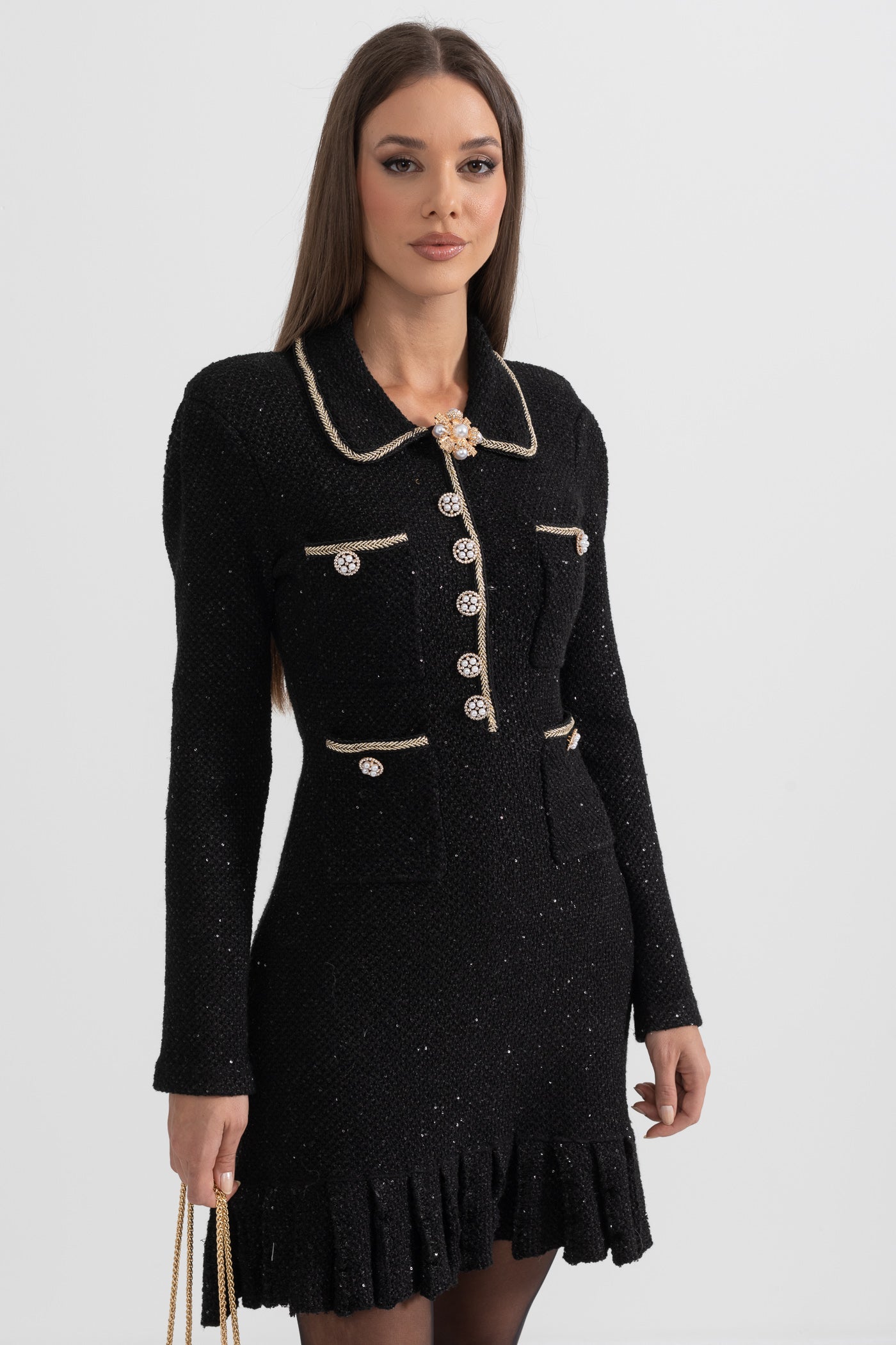 Dokulu Triko Elbise - Siyah