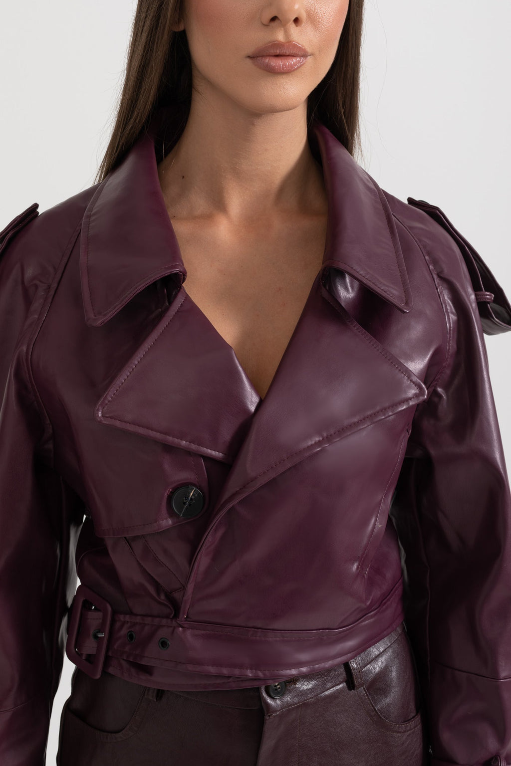 Çift Düğmeli Vegan Deri Ceket