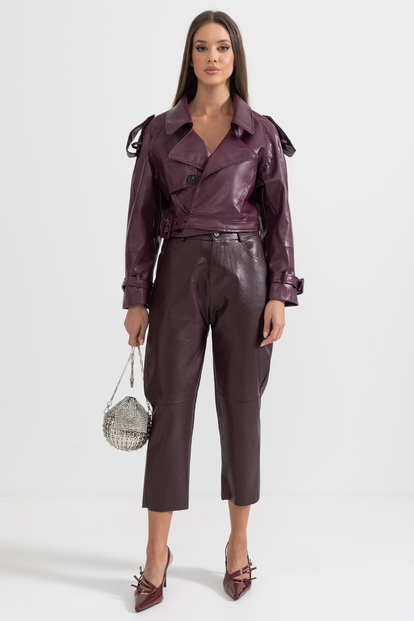 Çift Düğmeli Vegan Deri Ceket