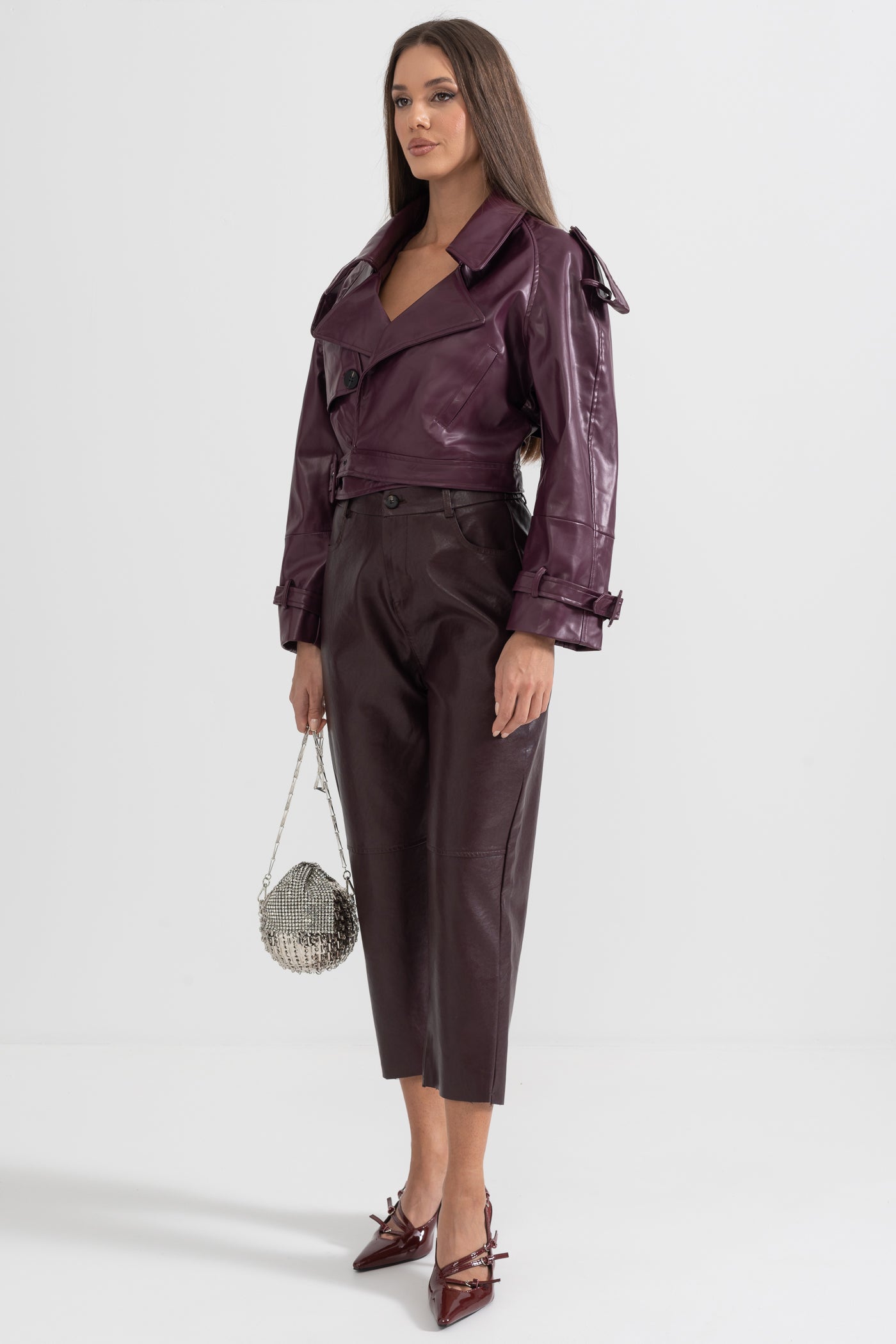 Çift Düğmeli Vegan Deri Ceket