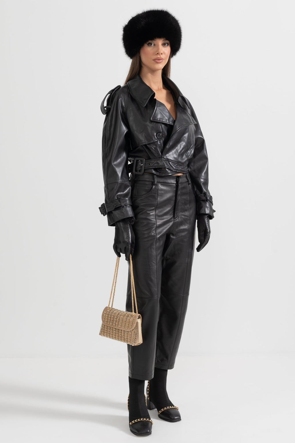 Çift Düğmeli Vegan Deri Ceket