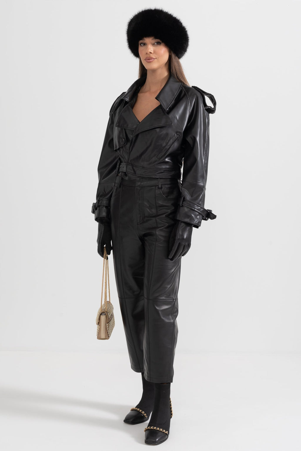 Çift Düğmeli Vegan Deri Ceket