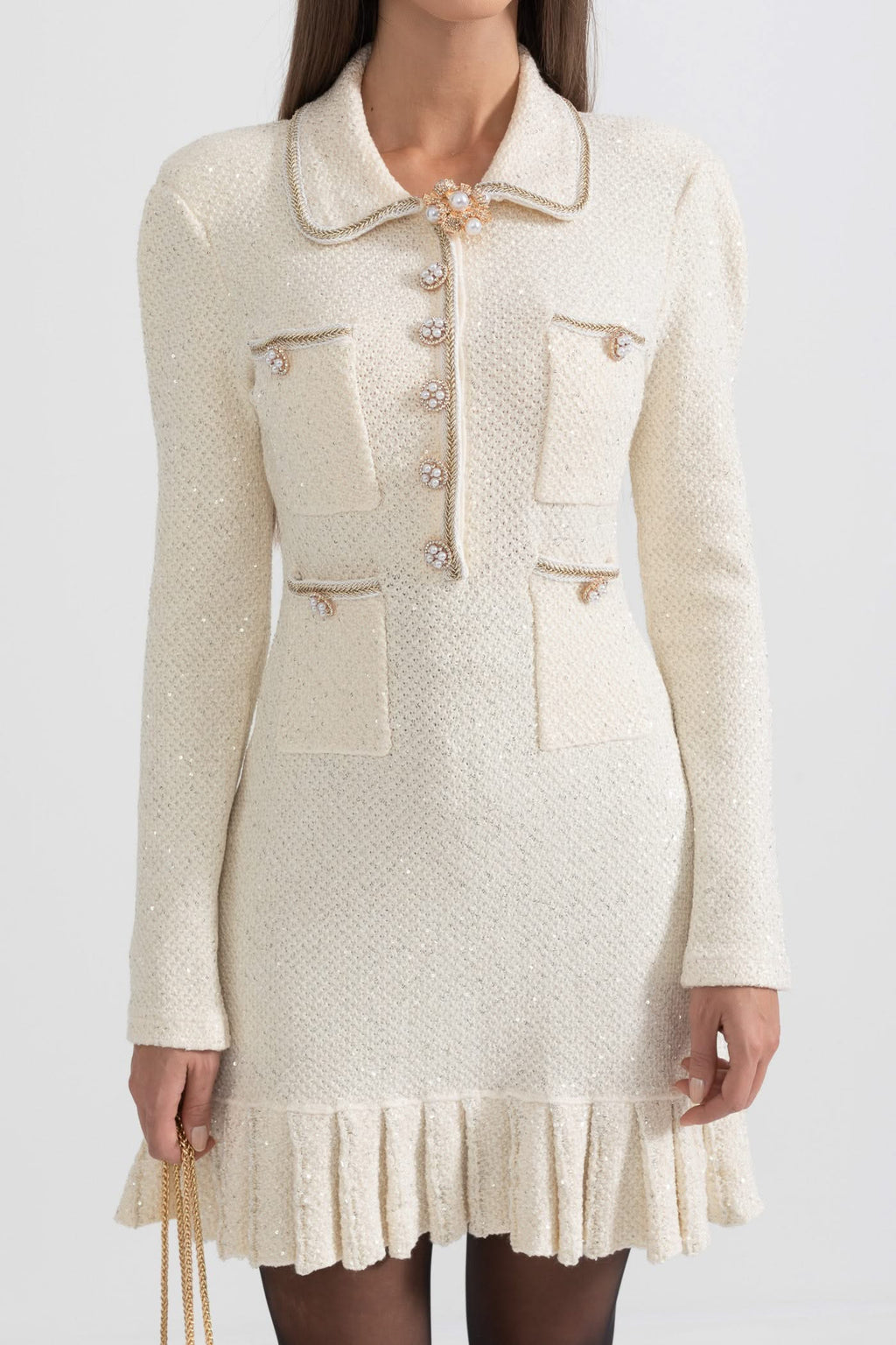 Dokulu Triko Elbise - Krem