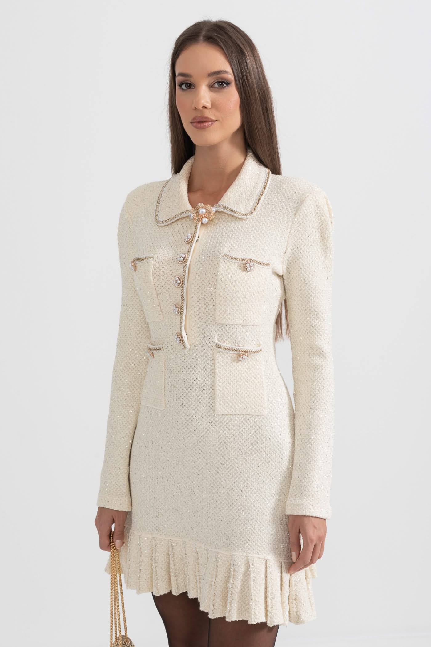 Dokulu Triko Elbise - Krem