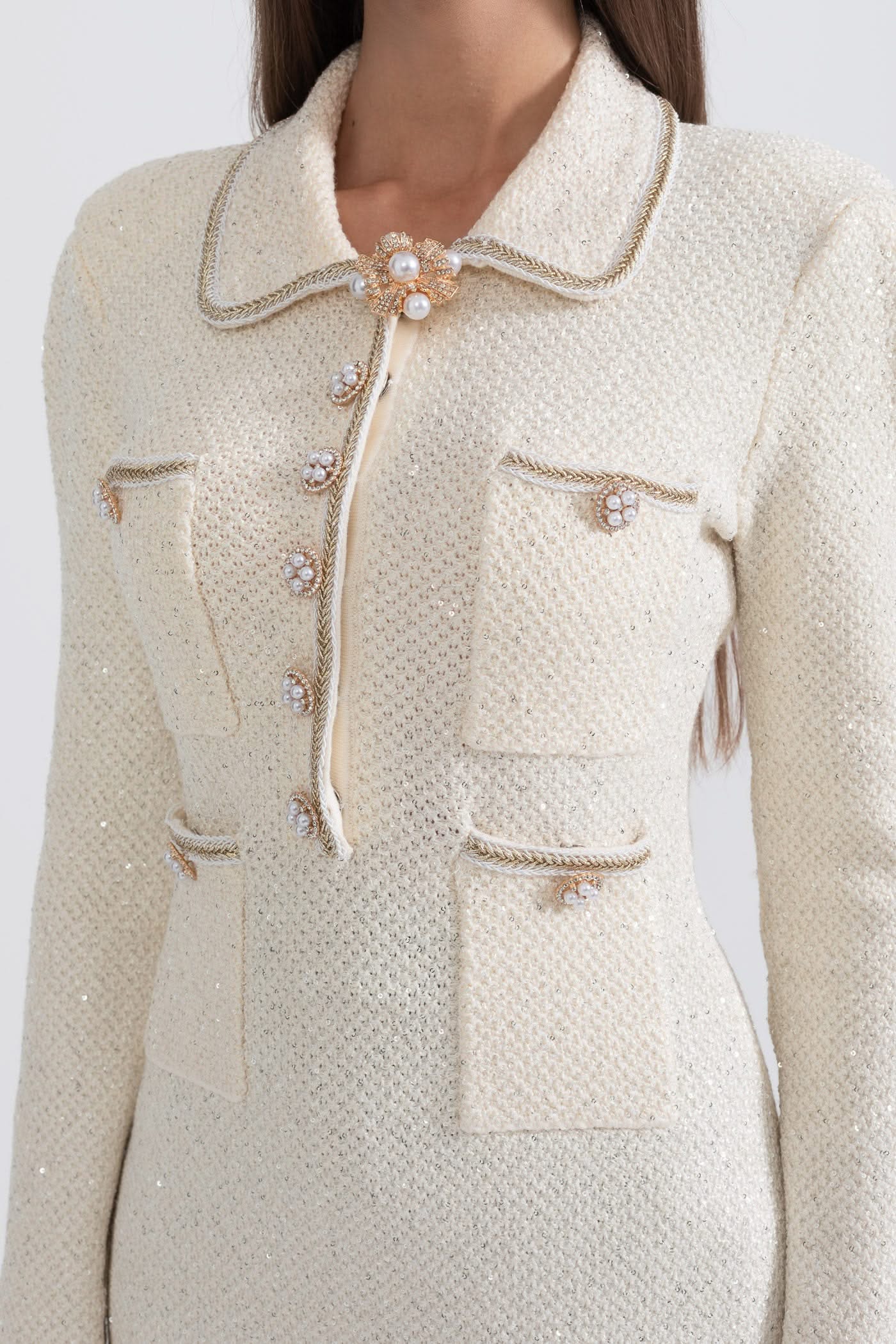 Dokulu Triko Elbise - Krem