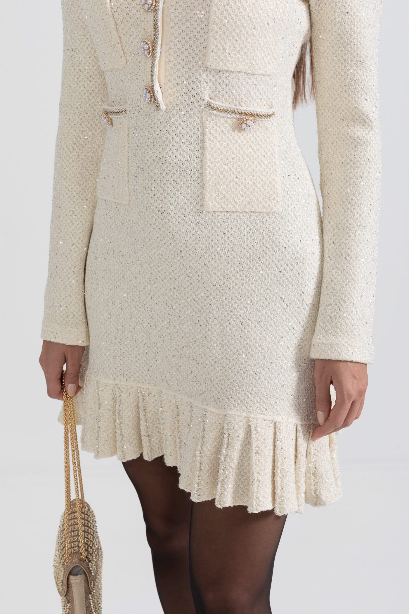 Dokulu Triko Elbise - Krem