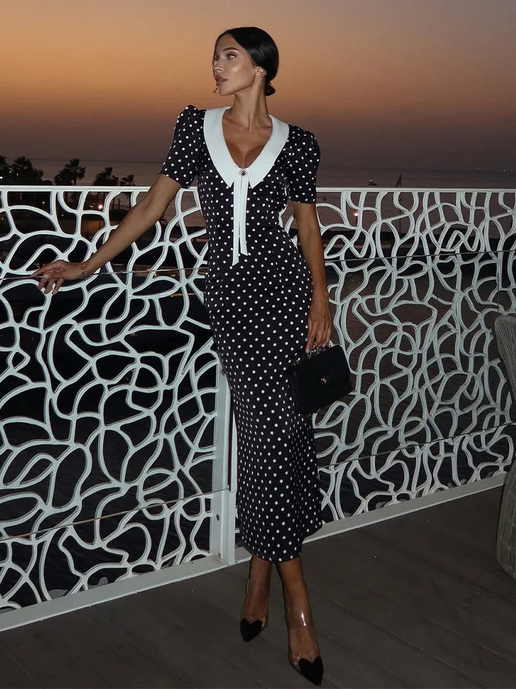 Puantiyeli Kruvaze Yaka Elbise