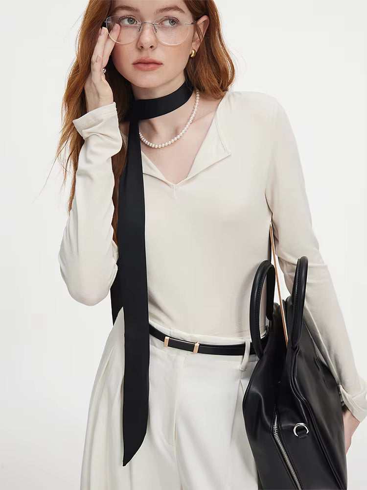 Kadın V Yaka Uzun Kollu Slim Fit Pamuk Kazak